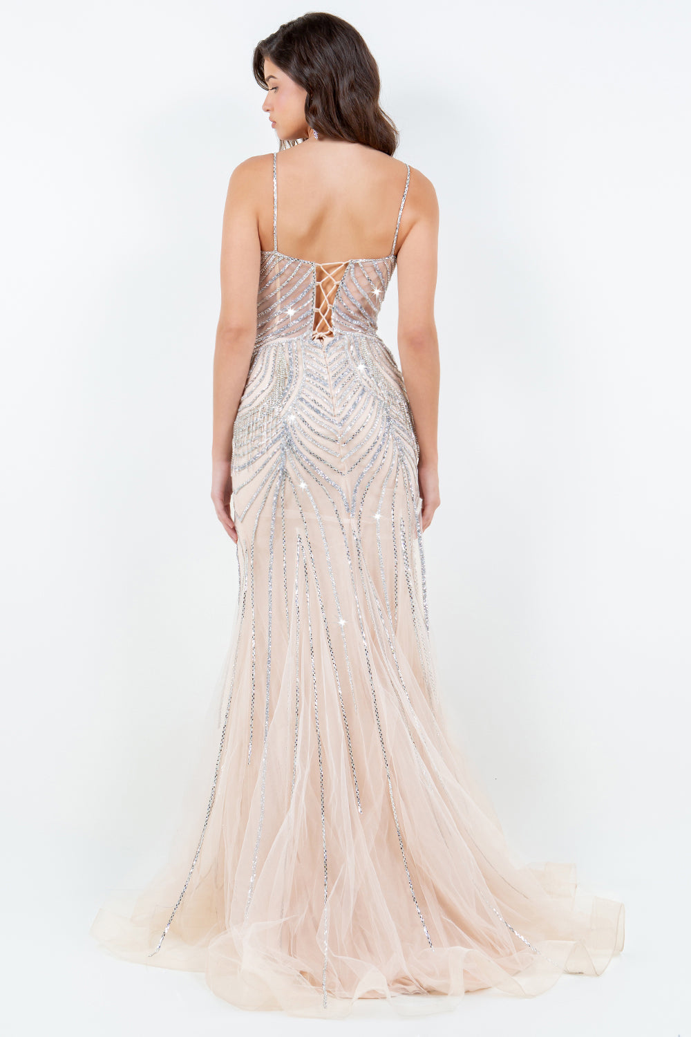 Beaded Fringe Gown with Lace-Up Back – Style 8192J