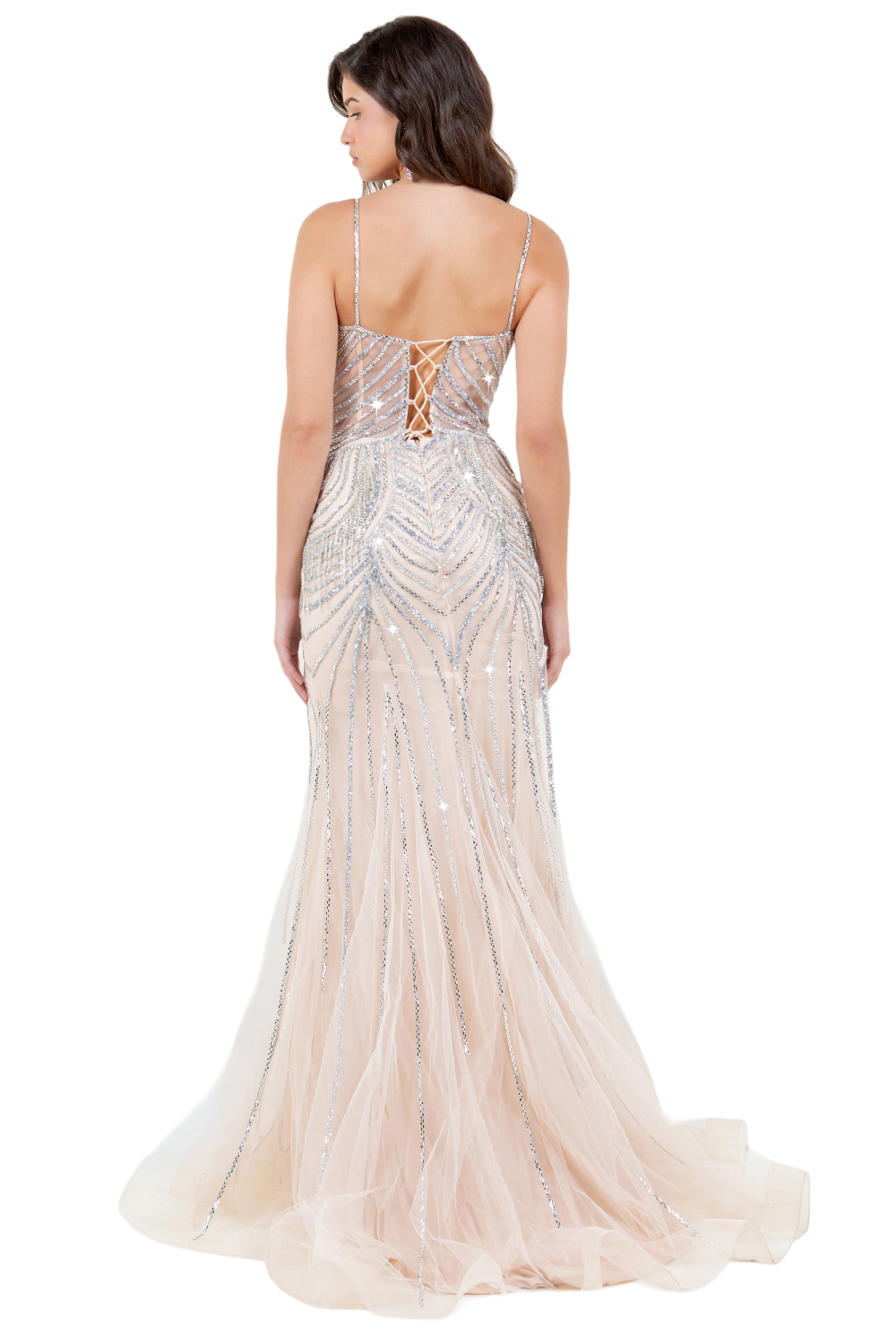 Beaded Fringe Gown with Lace-Up Back – Style 8192J