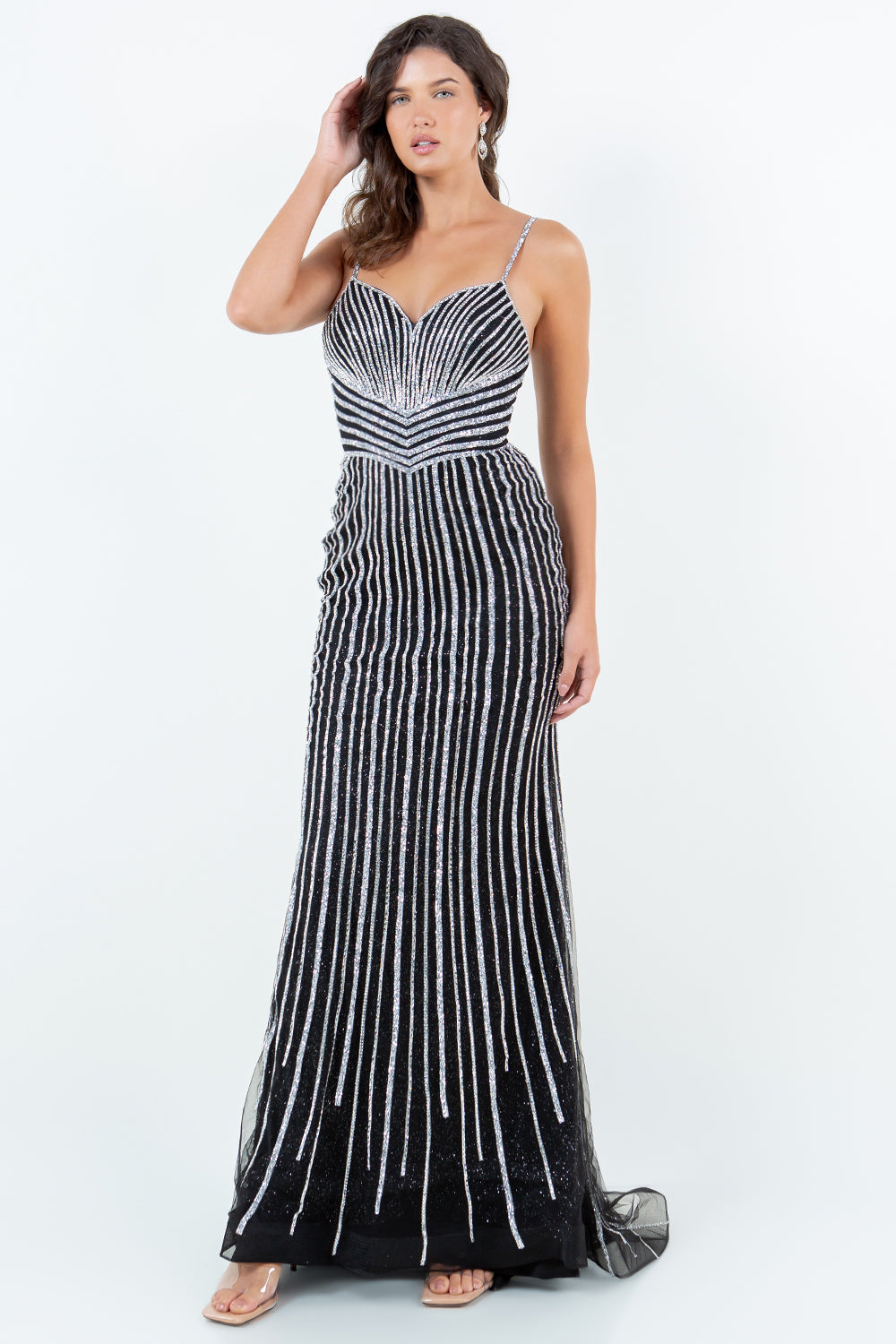 Rhinestone Sequin Stripe Gown – Style 8203J