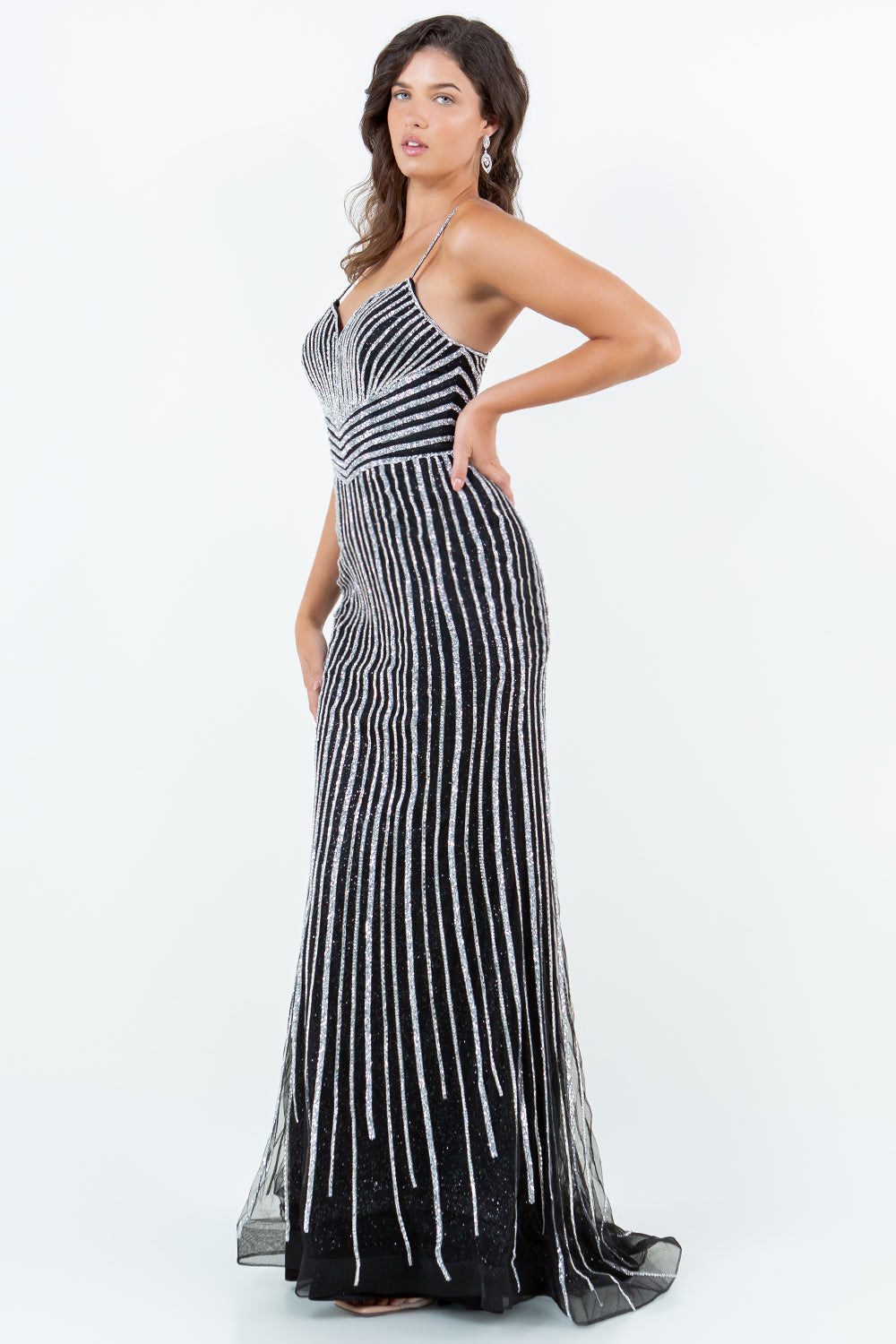 Rhinestone Sequin Stripe Gown – Style 8203J