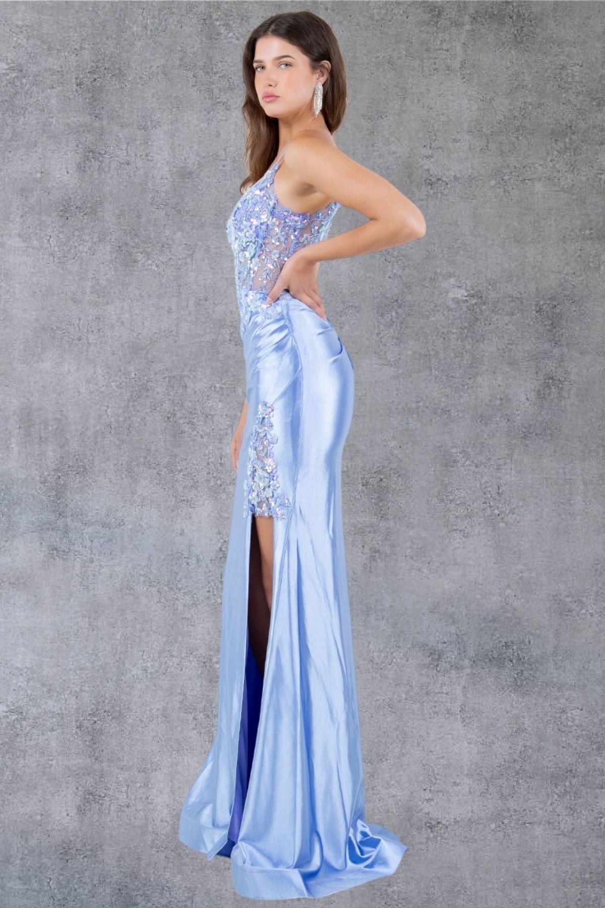 Lavender Sheer Floral Sequin Gown with Slit - 8213J