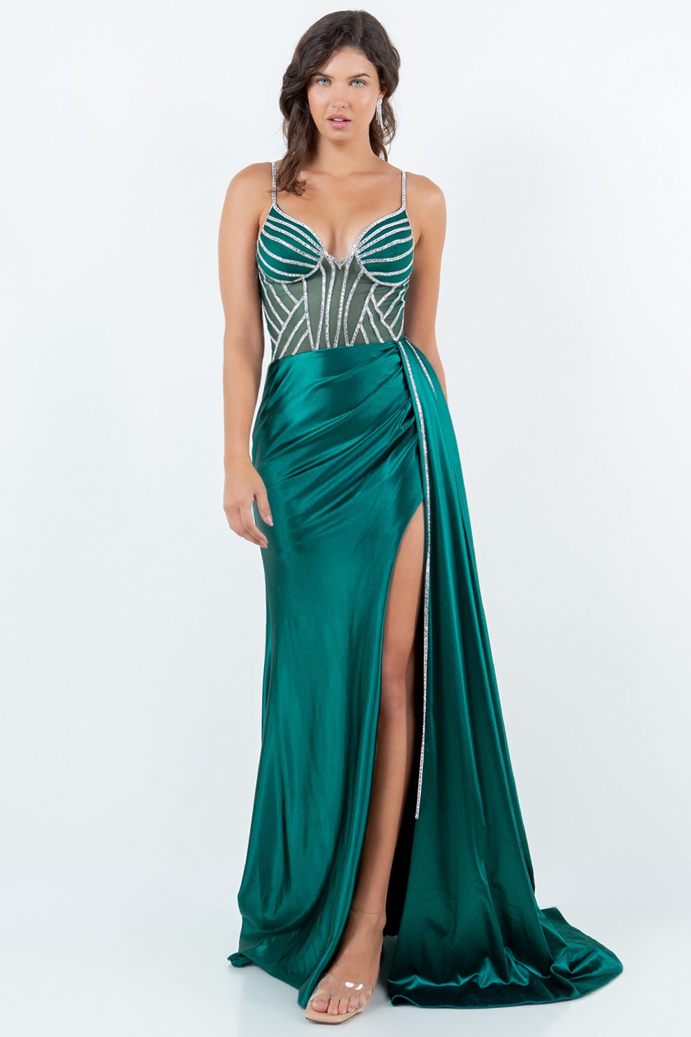 Satin Gown with Sheer Corset and Geometric Beading - 8219J