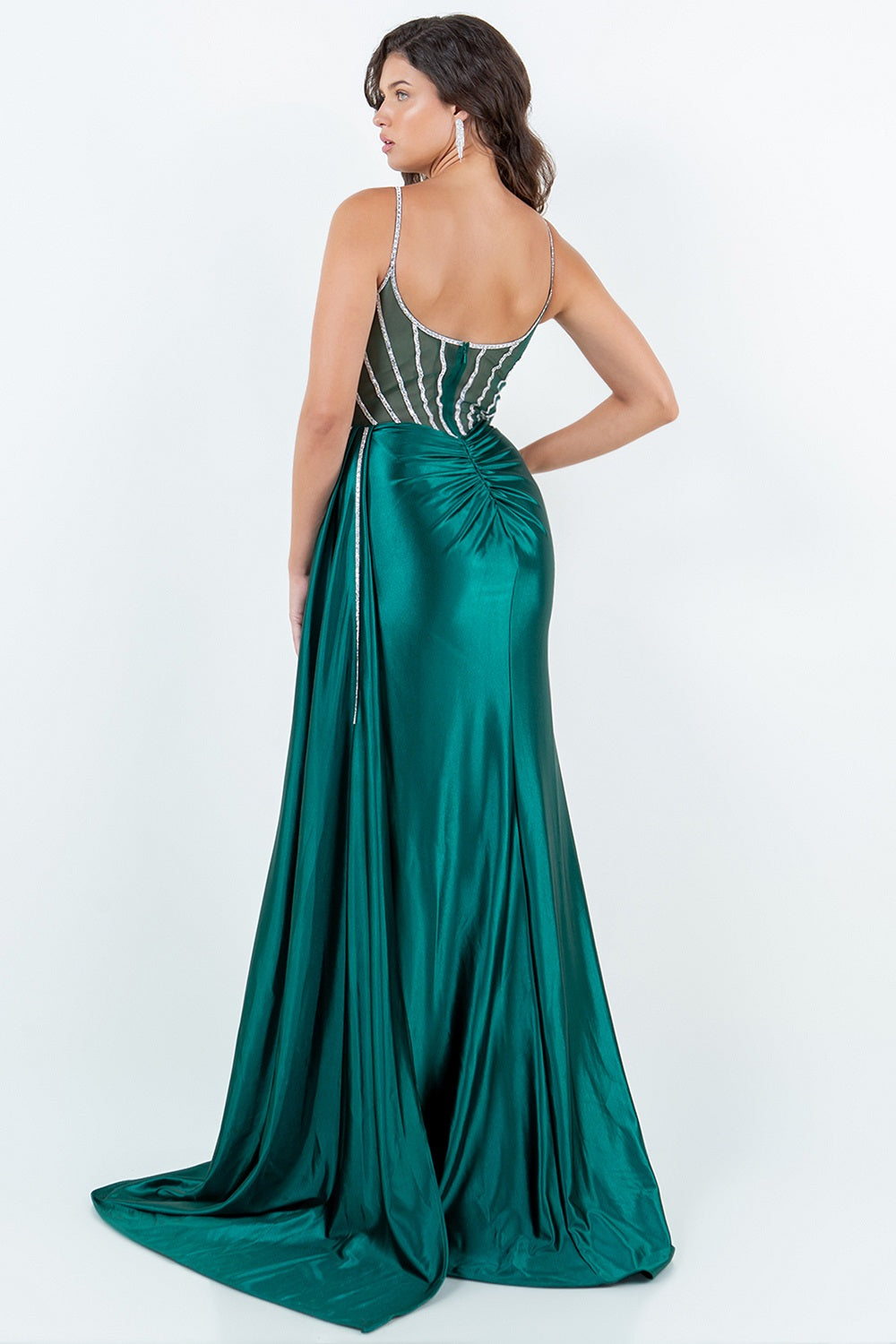 Satin Gown with Sheer Corset and Geometric Beading - 8219J