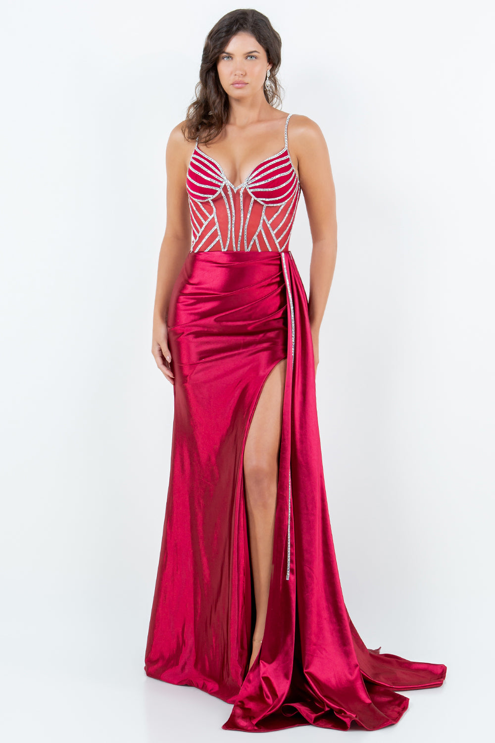Satin Gown with Sheer Corset and Geometric Beading - 8219J
