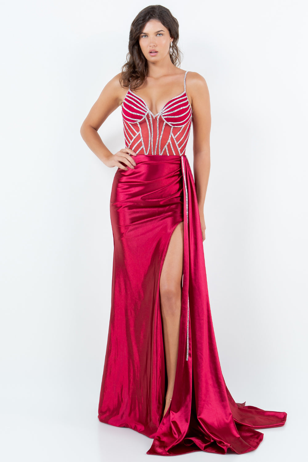 Satin Gown with Sheer Corset and Geometric Beading - 8219J