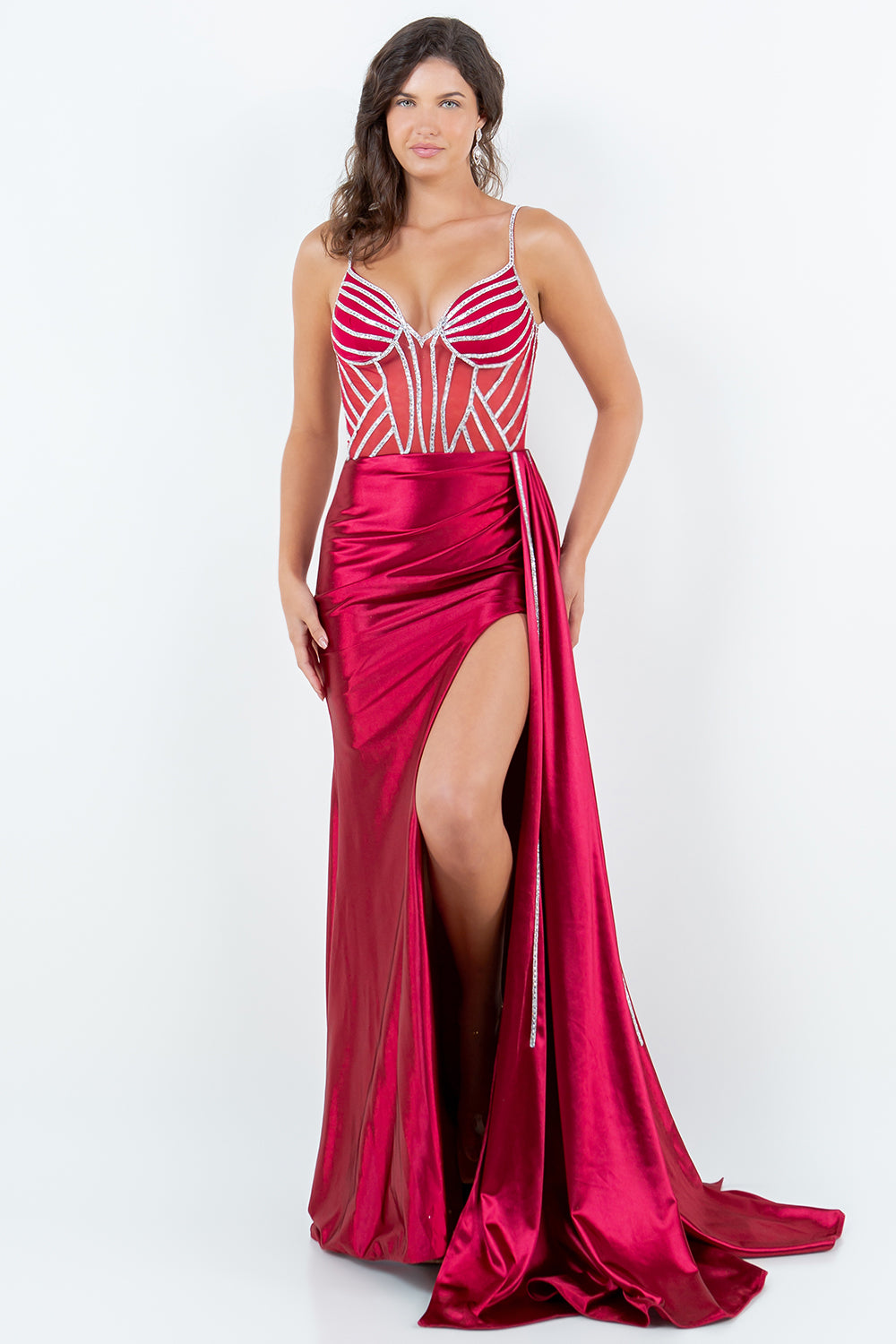 Satin Gown with Sheer Corset and Geometric Beading - 8219J