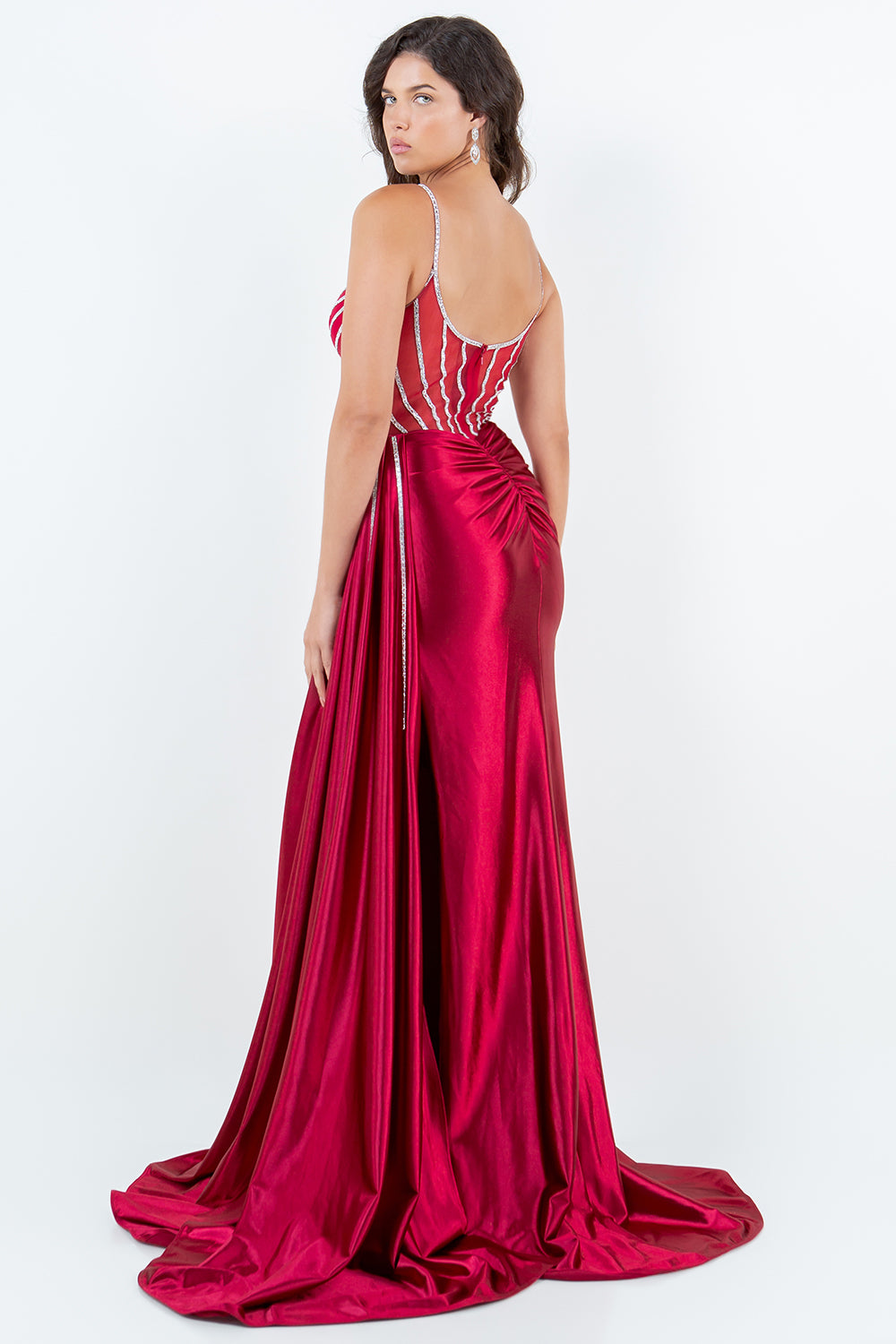 Satin Gown with Sheer Corset and Geometric Beading - 8219J