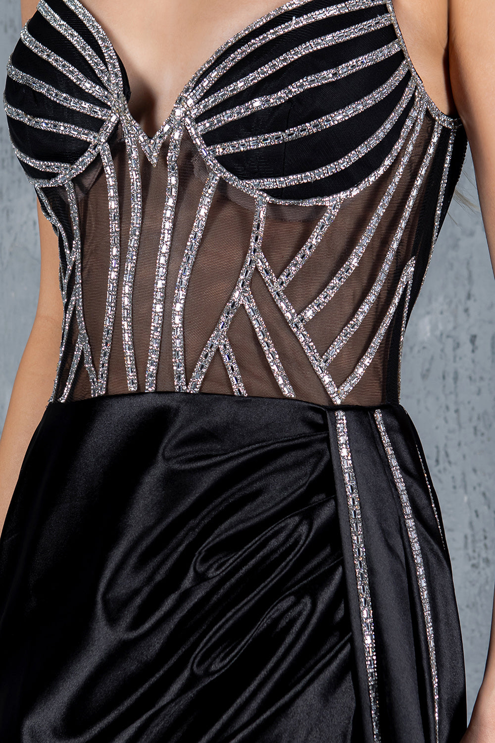 Satin Gown with Sheer Corset and Geometric Beading - 8219J