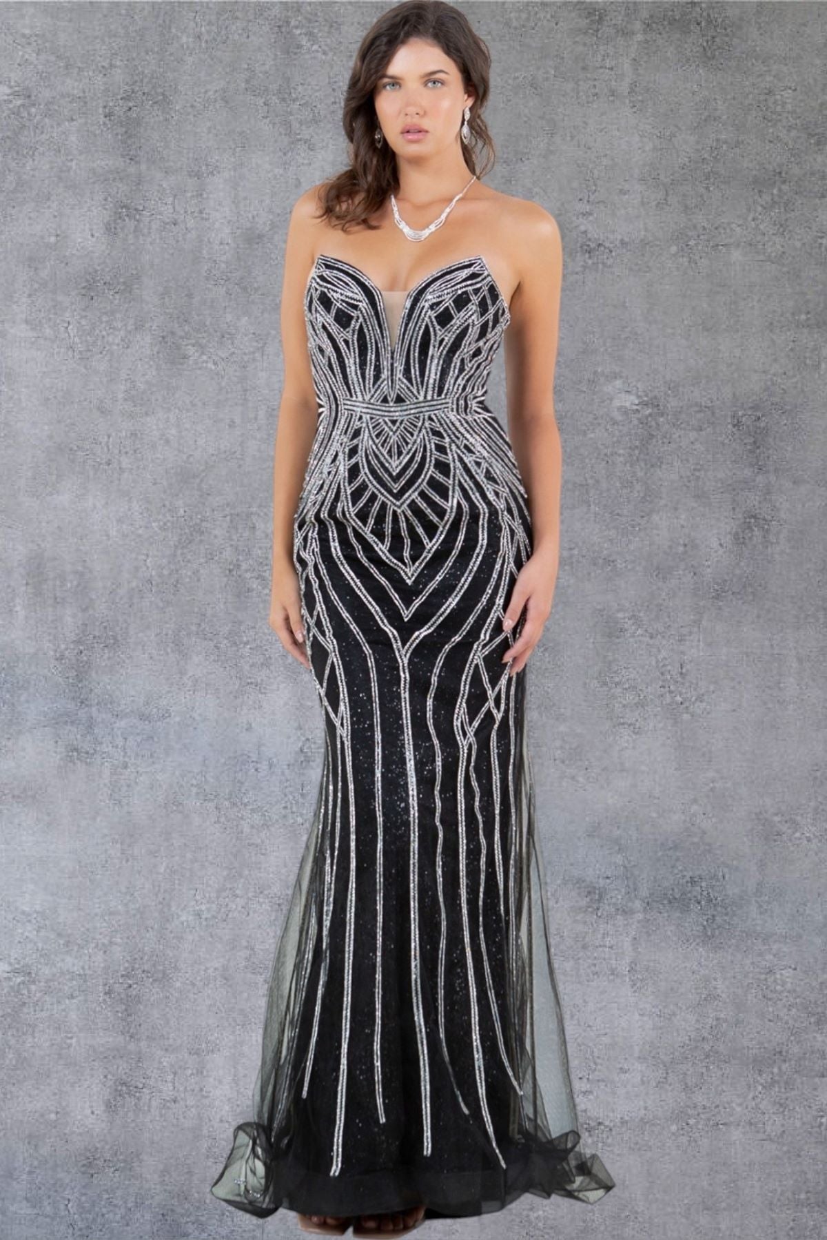Art Deco Beaded Strapless Evening Gown - 8221J