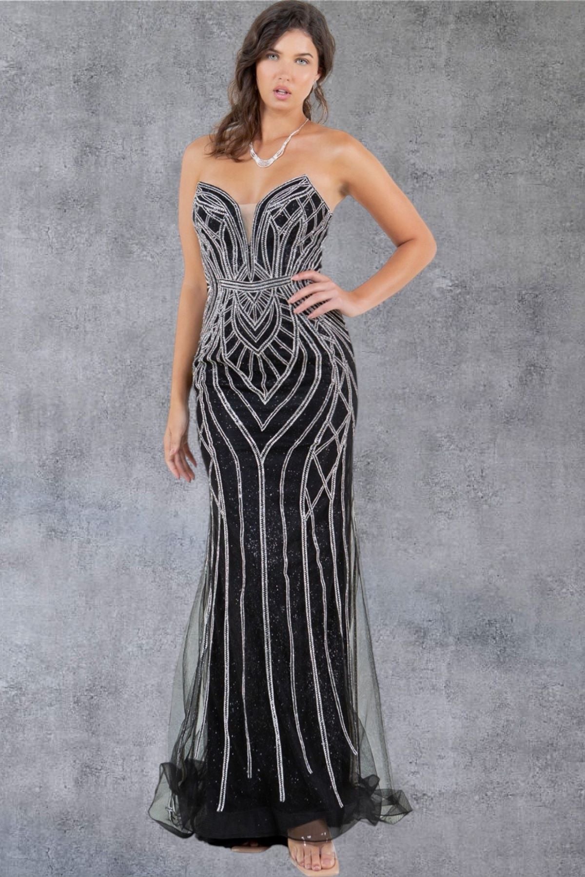 Art Deco Beaded Strapless Evening Gown - 8221J