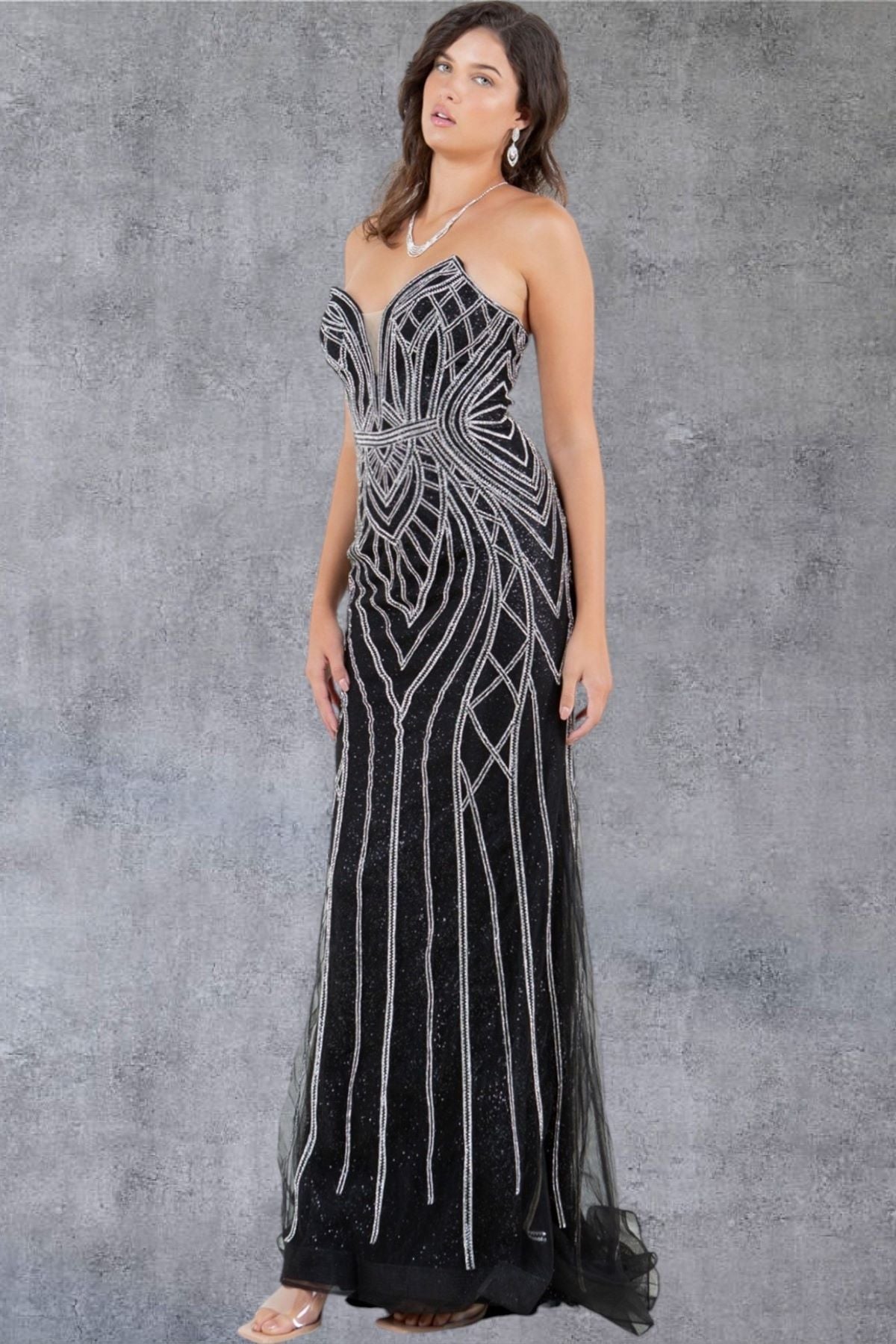 Art Deco Beaded Strapless Evening Gown - 8221J