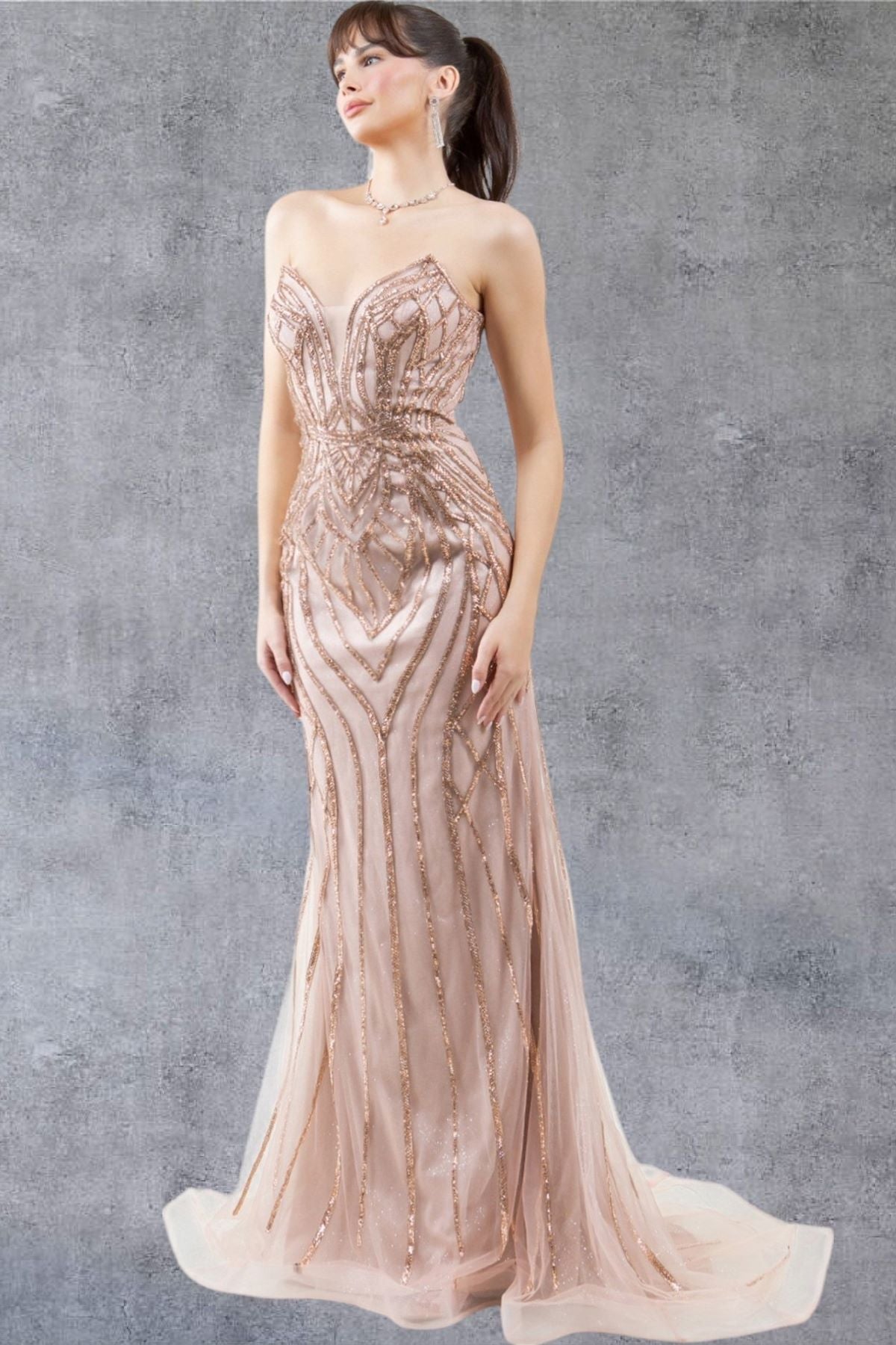 Art Deco Beaded Strapless Evening Gown - 8221J