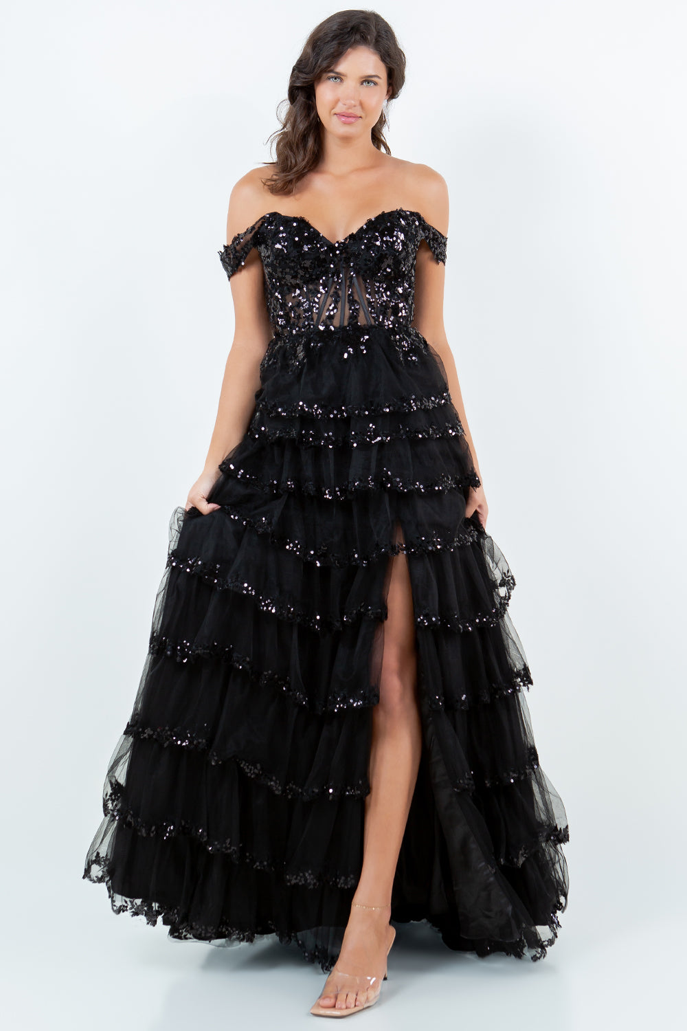 Tiered Tulle Sequin Off-Shoulder Gown – Style 8228J