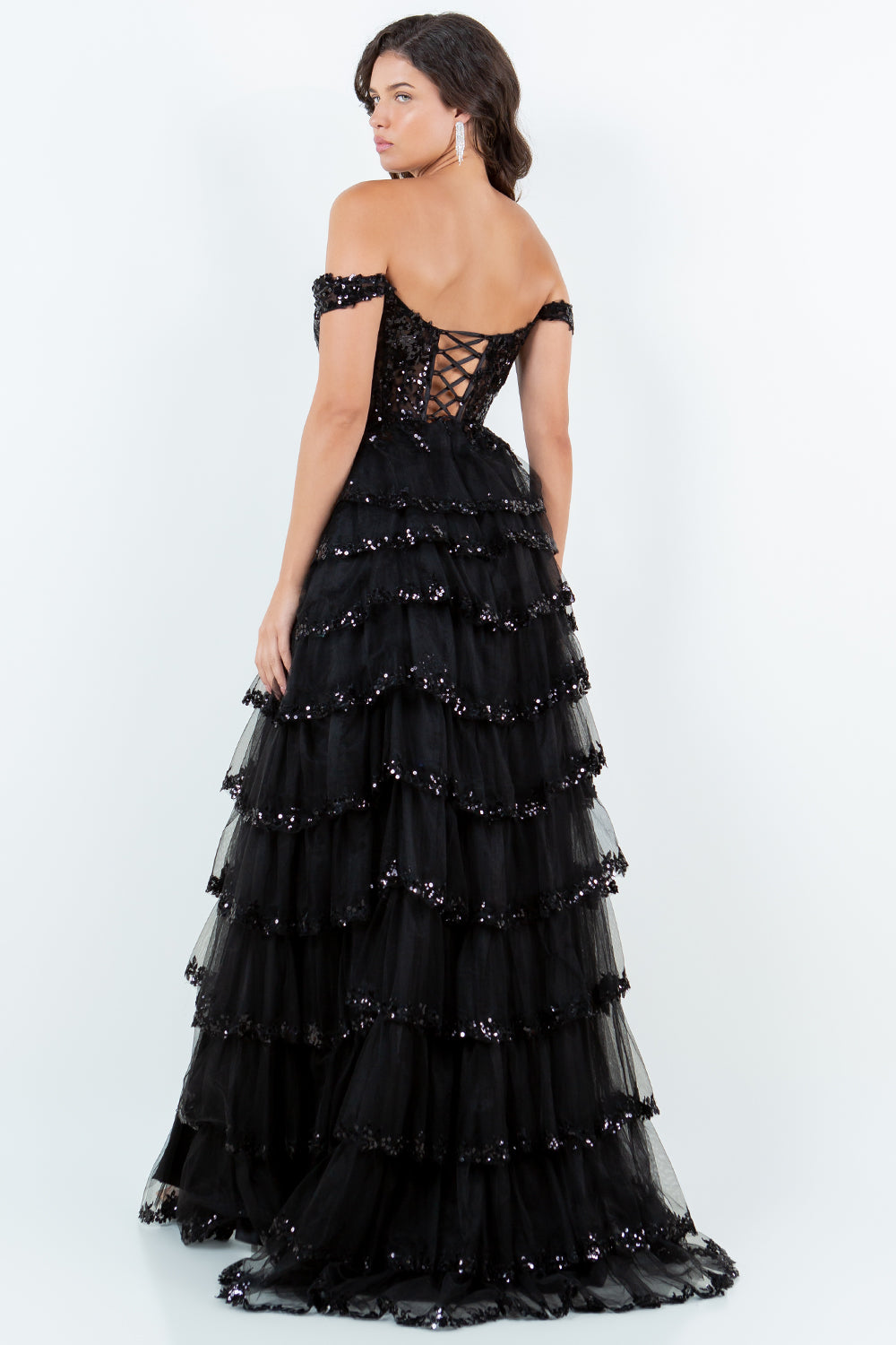 Tiered Tulle Sequin Off-Shoulder Gown – Style 8228J