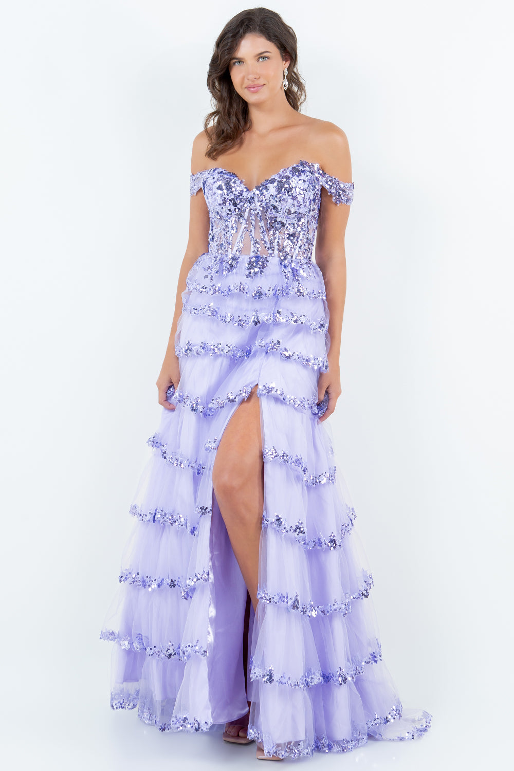 Tiered Tulle Sequin Off-Shoulder Gown – Style 8228J