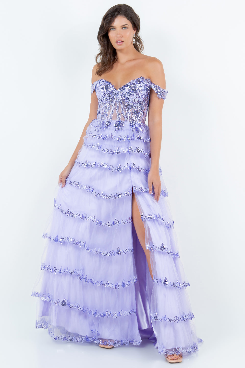 Tiered Tulle Sequin Off-Shoulder Gown – Style 8228J