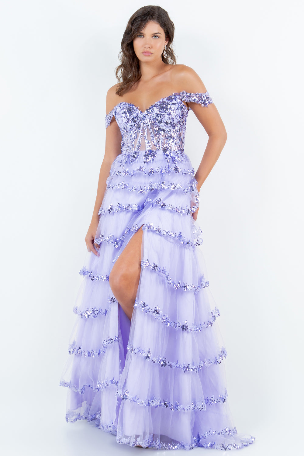 Tiered Tulle Sequin Off-Shoulder Gown – Style 8228J