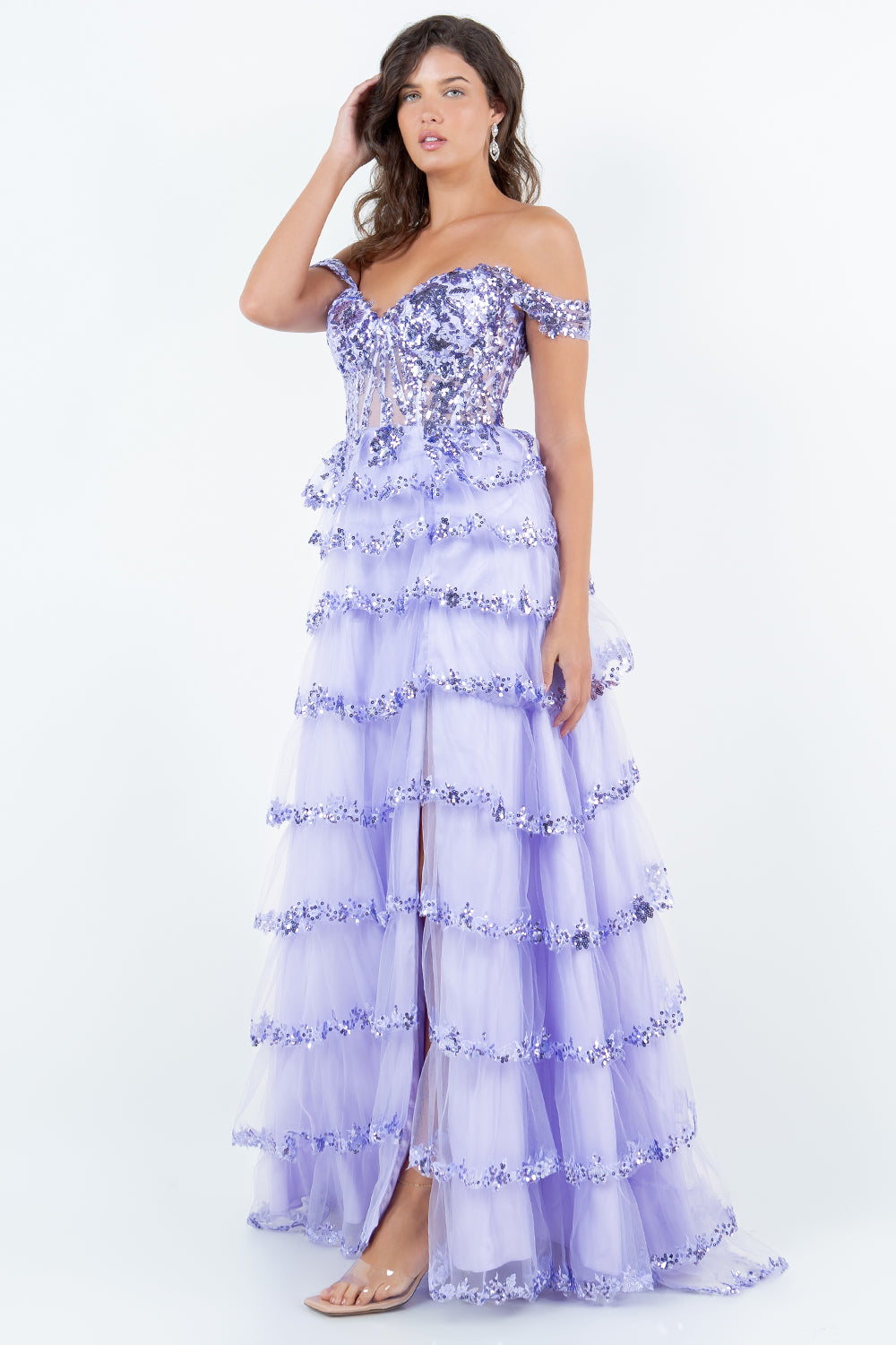 Tiered Tulle Sequin Off-Shoulder Gown – Style 8228J