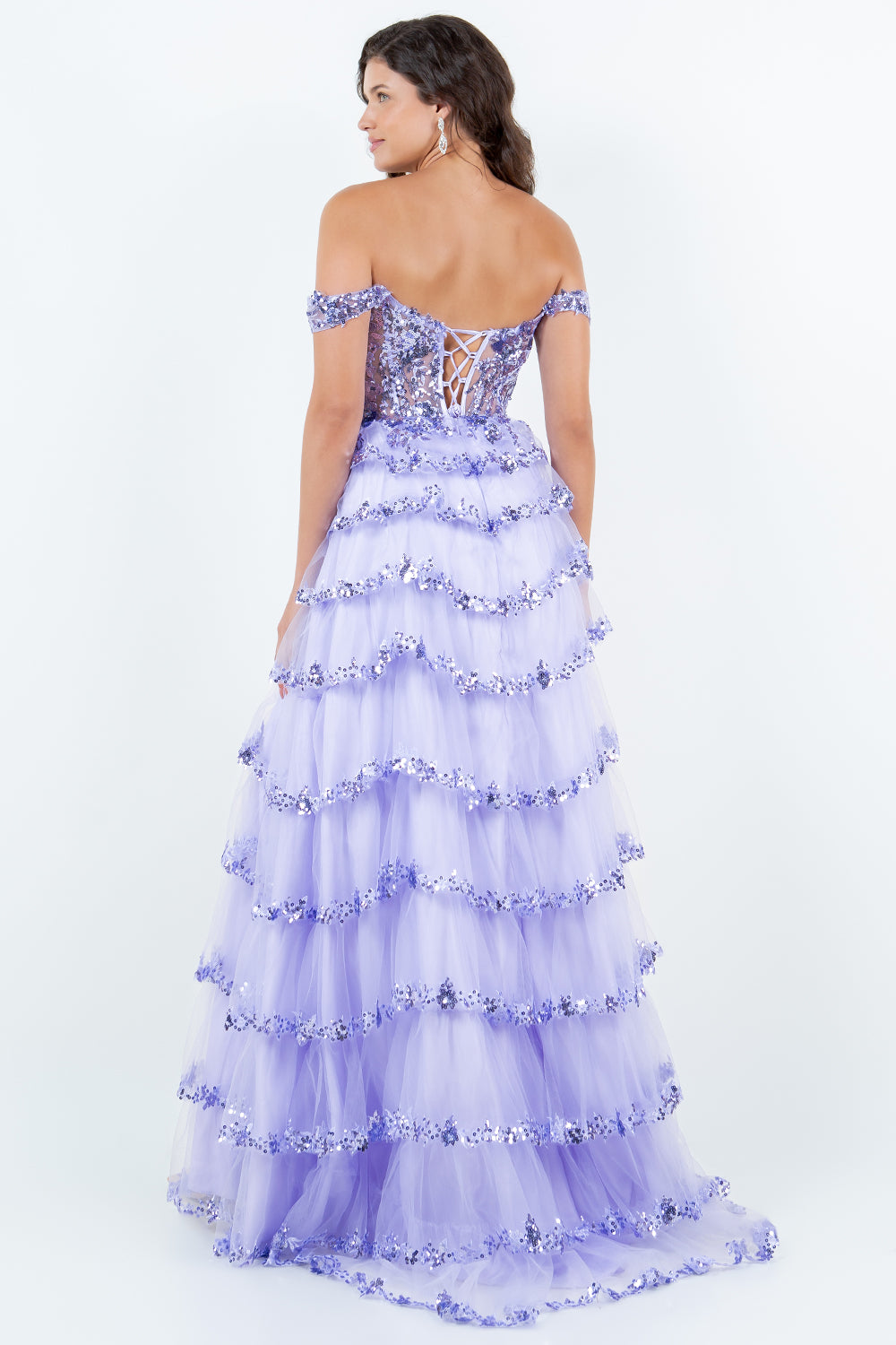 Tiered Tulle Sequin Off-Shoulder Gown – Style 8228J