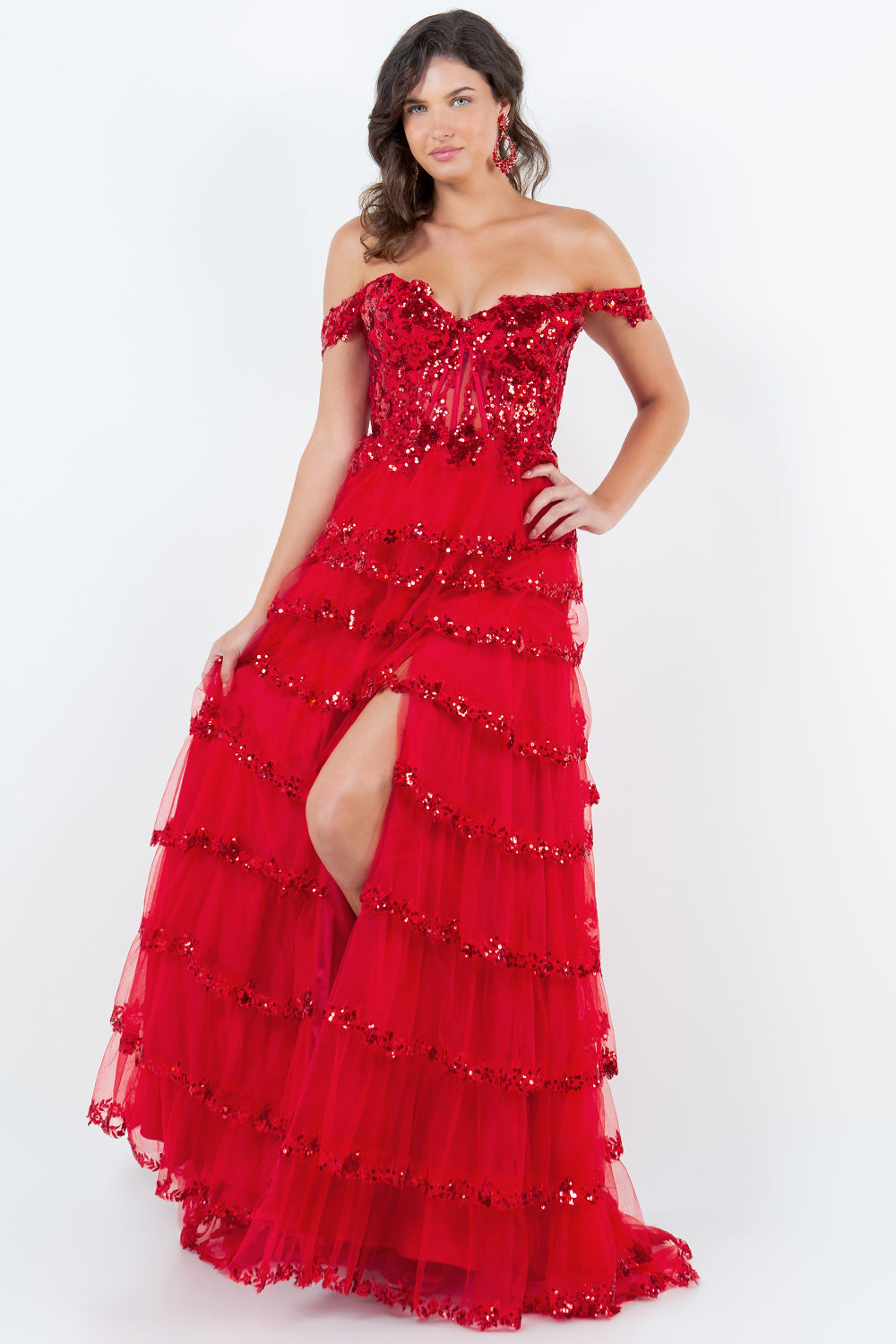 Tiered Tulle Sequin Off-Shoulder Gown – Style 8228J