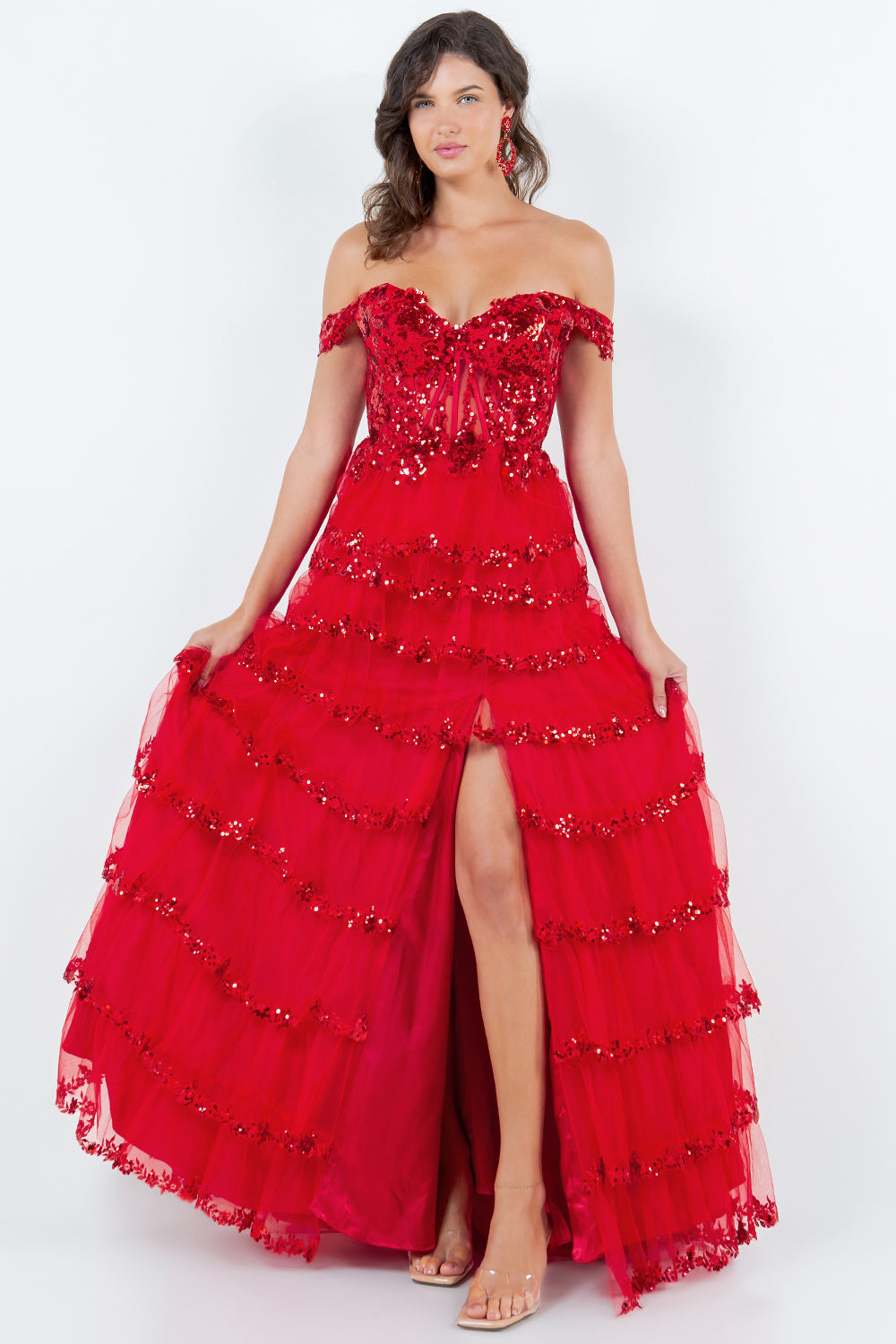 Tiered Tulle Sequin Off-Shoulder Gown – Style 8228J