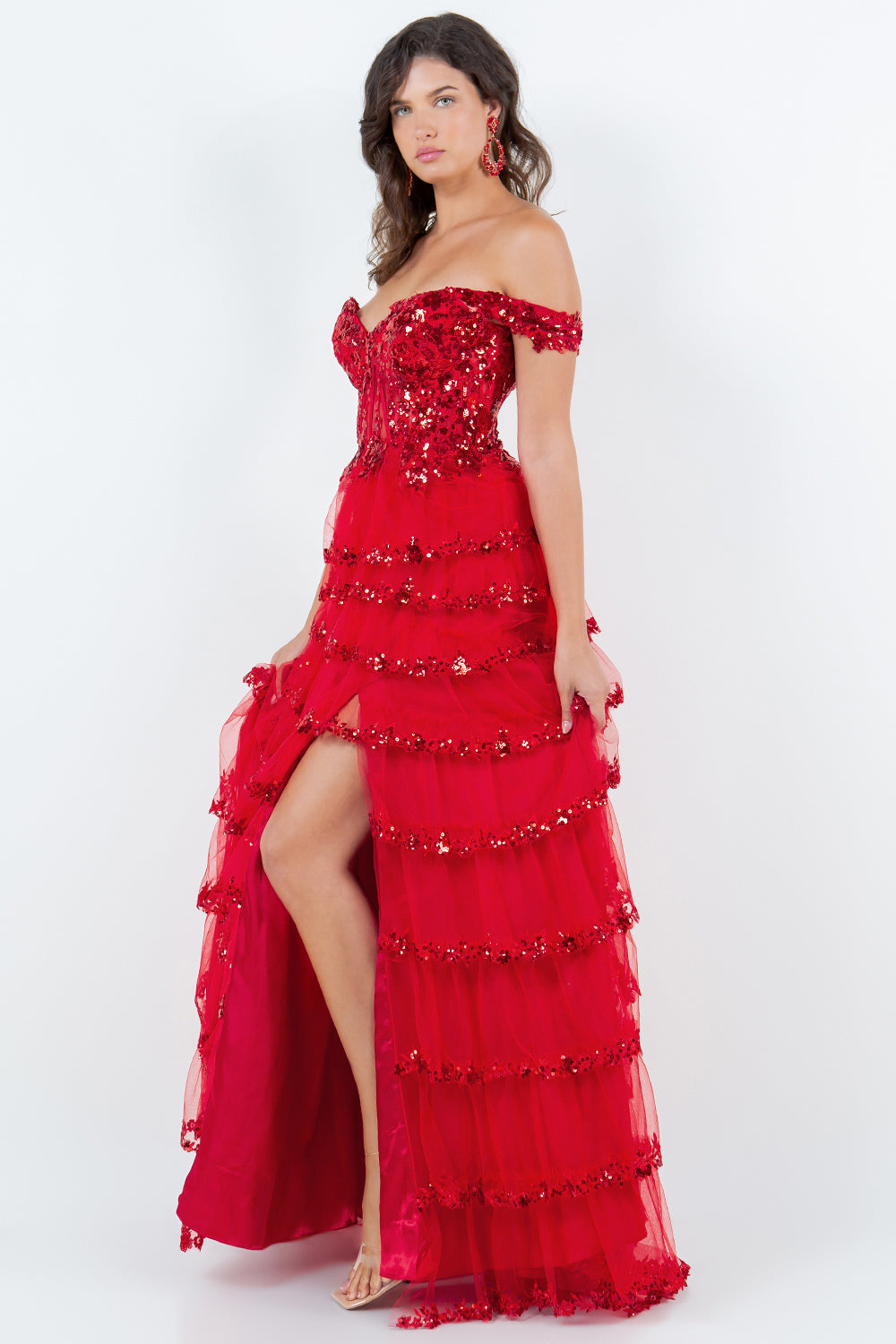 Tiered Tulle Sequin Off-Shoulder Gown – Style 8228J