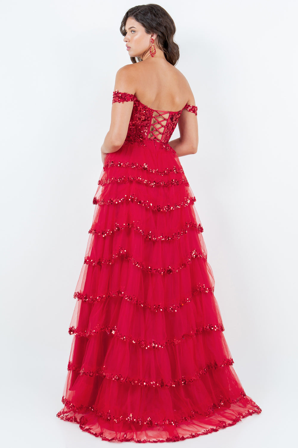 Tiered Tulle Sequin Off-Shoulder Gown – Style 8228J