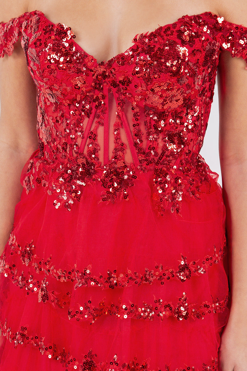 Tiered Tulle Sequin Off-Shoulder Gown – Style 8228J