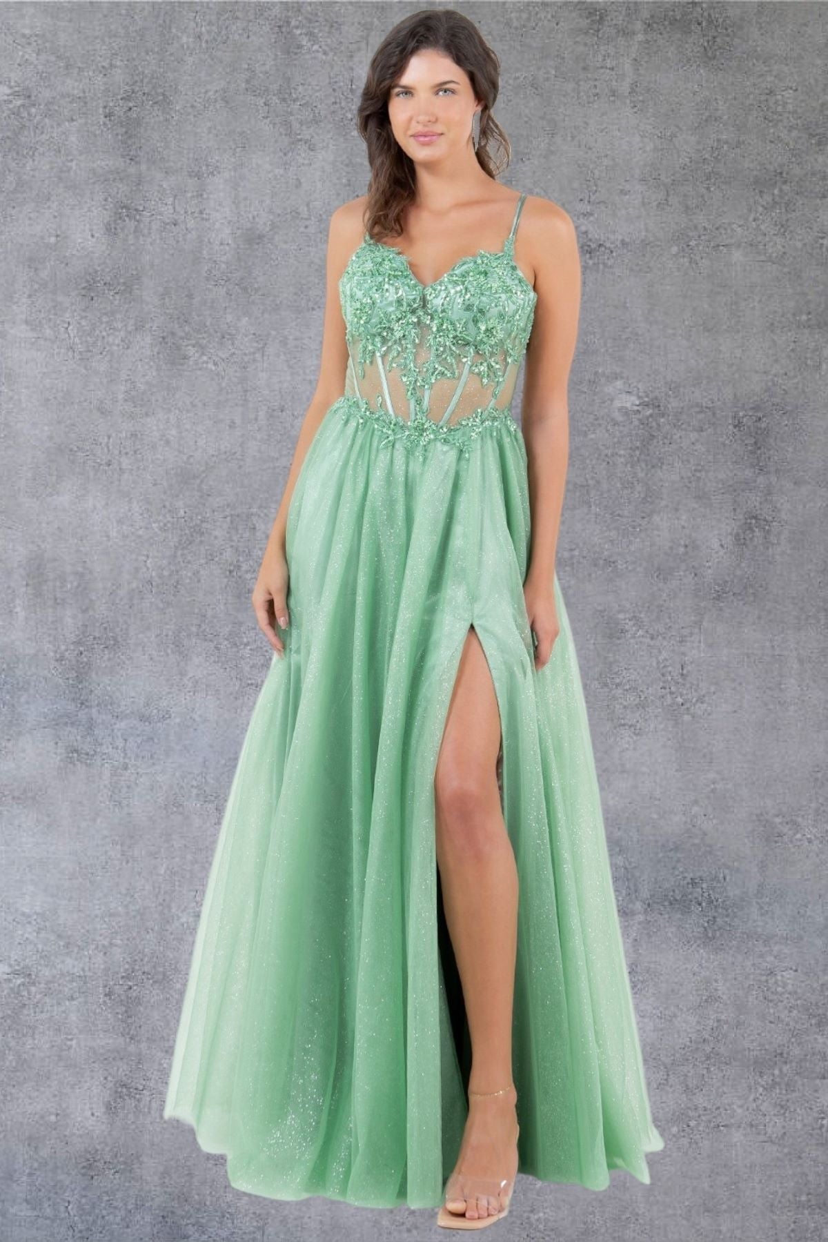 Romantic Sage Green Beaded A-Line Gown - 8238J