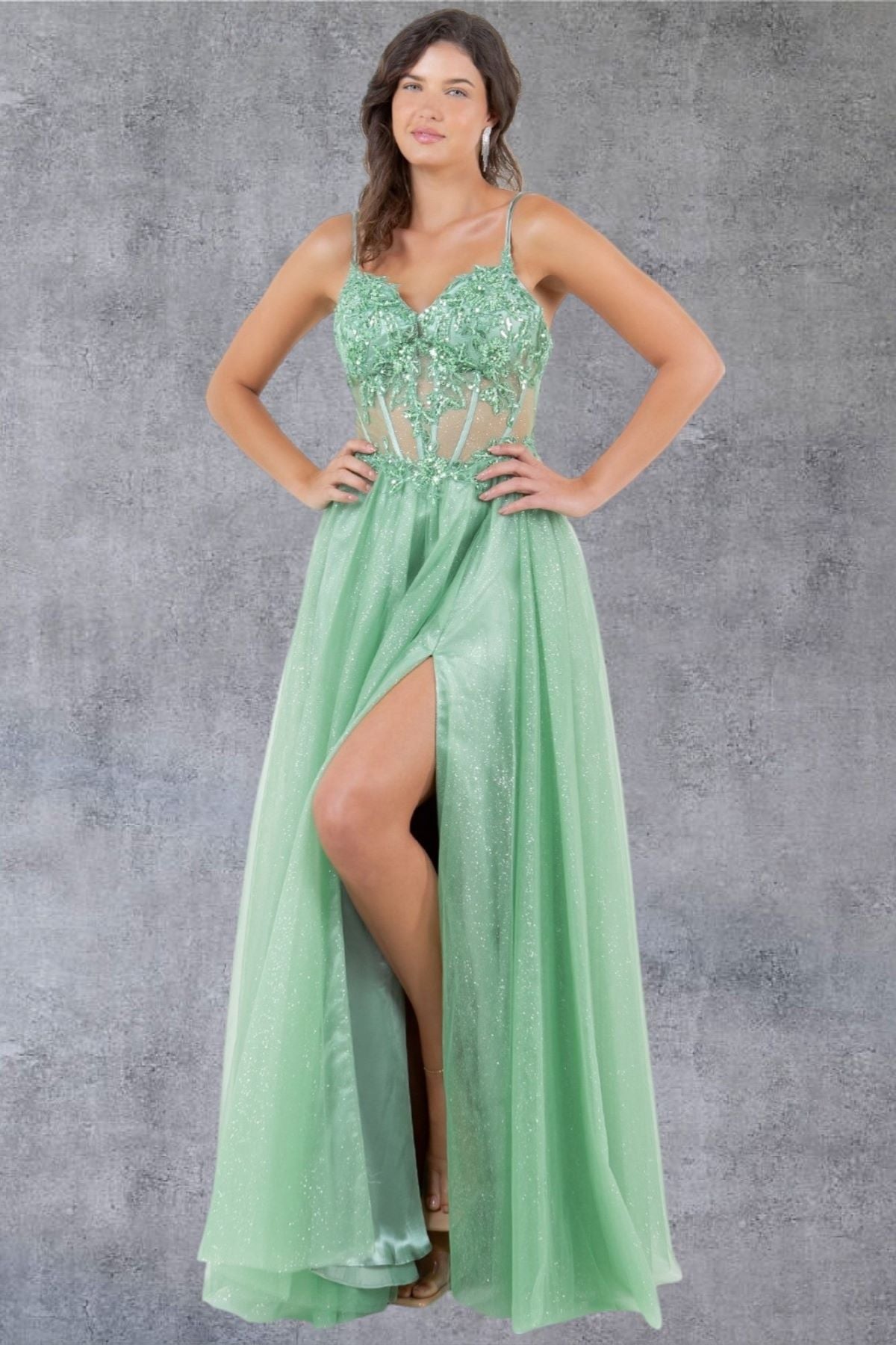 Romantic Sage Green Beaded A-Line Gown - 8238J