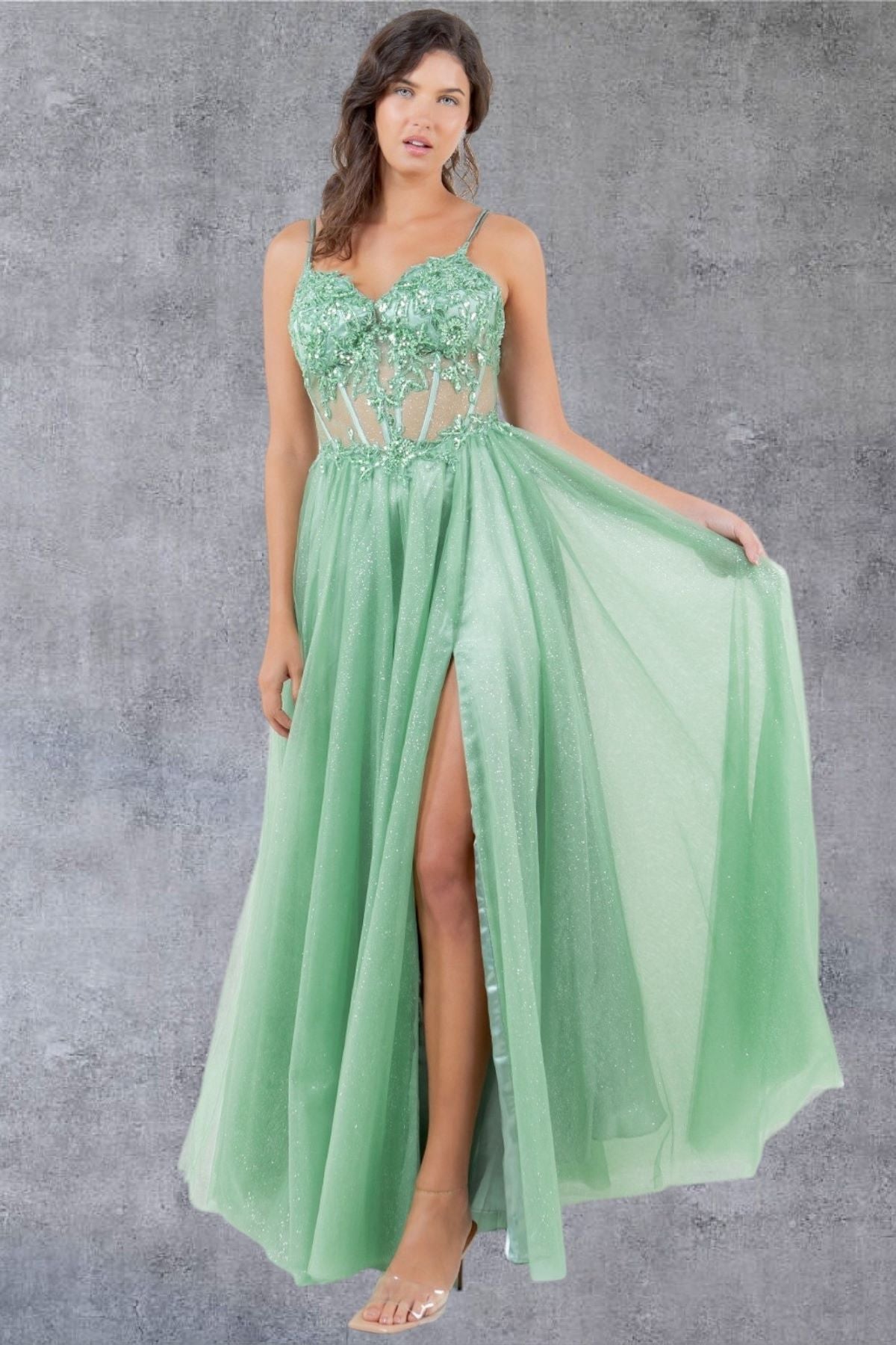Romantic Sage Green Beaded A-Line Gown - 8238J