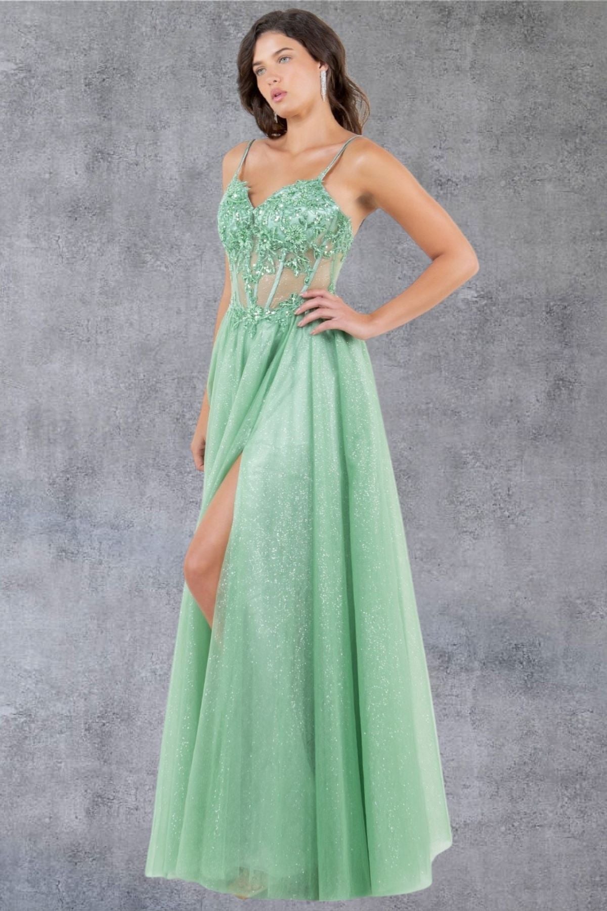 Romantic Sage Green Beaded A-Line Gown - 8238J