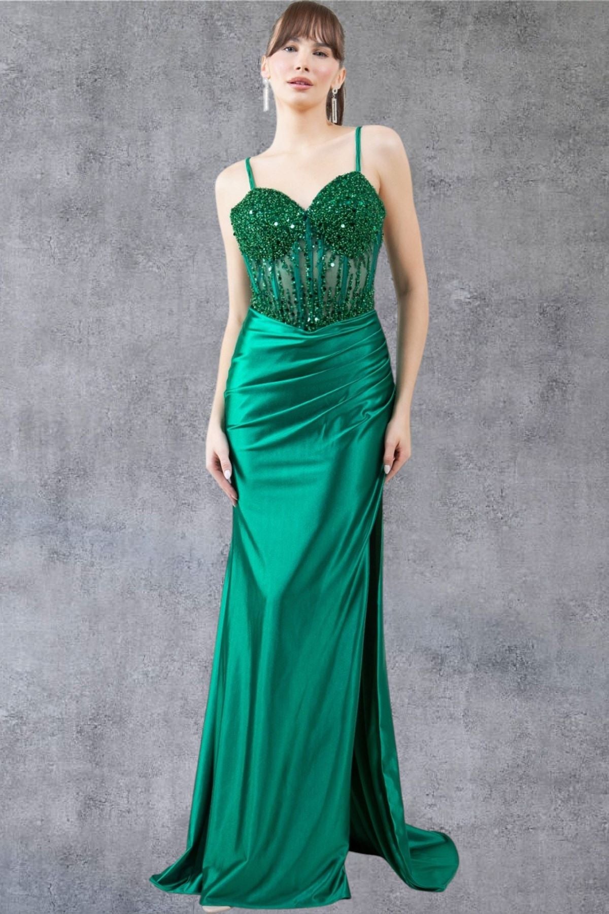 Beaded Sheer Bodice Satin Gown - 8247J