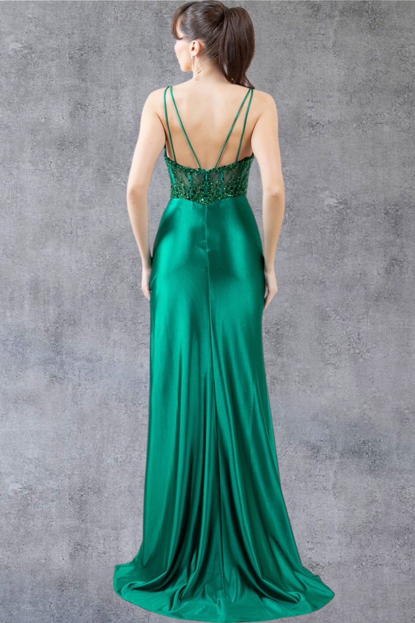 Beaded Sheer Bodice Satin Gown - 8247J