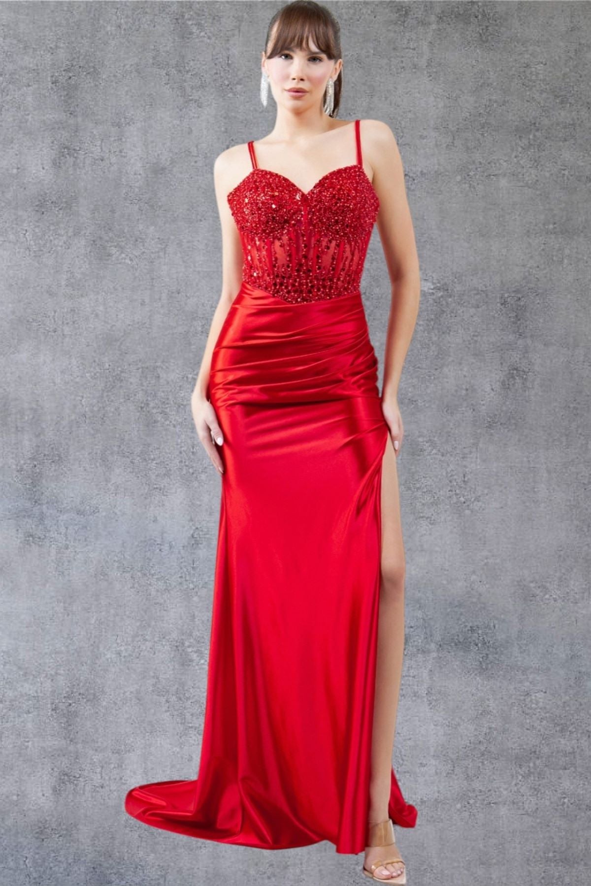 Beaded Sheer Bodice Satin Gown - 8247J