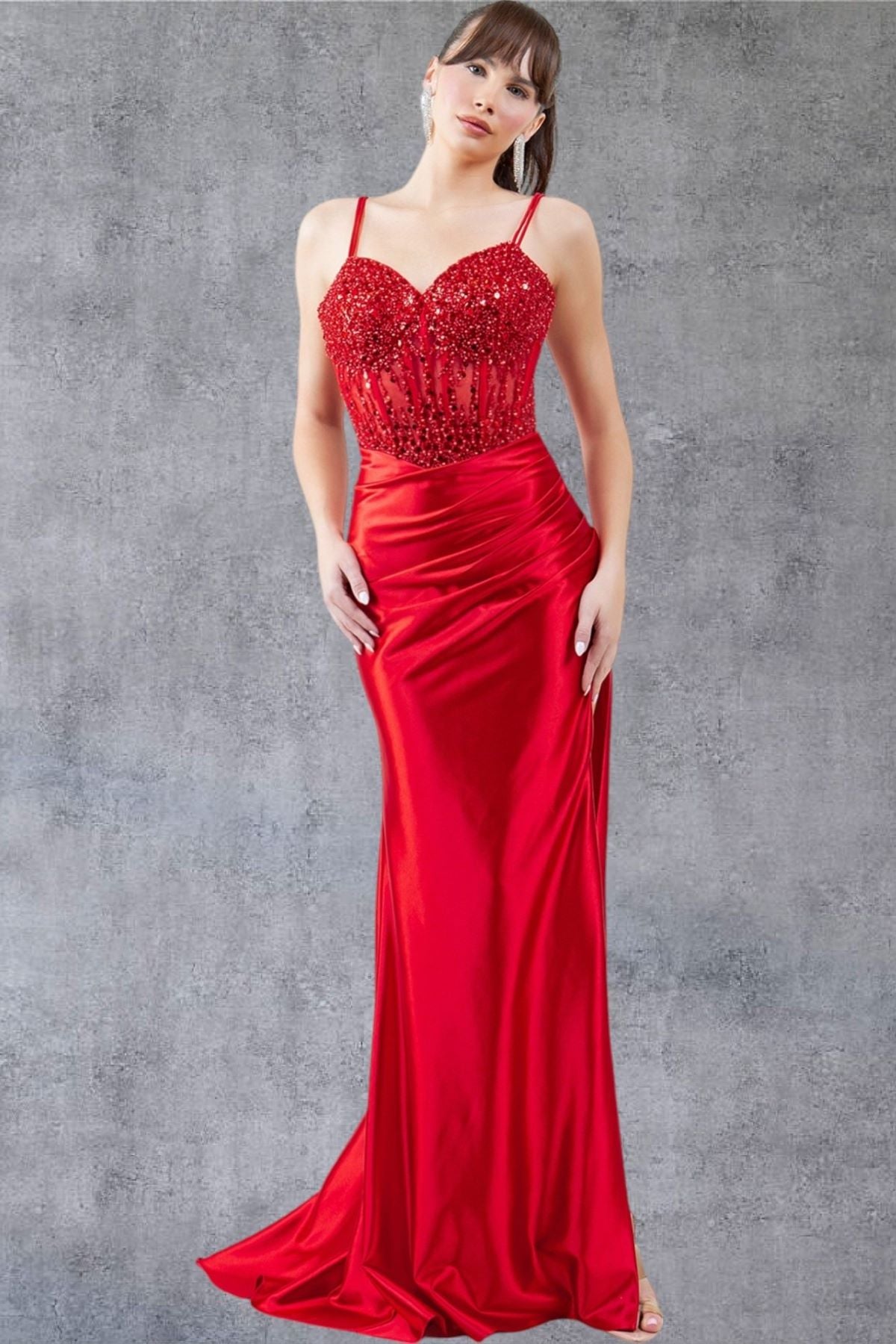 Beaded Sheer Bodice Satin Gown - 8247J