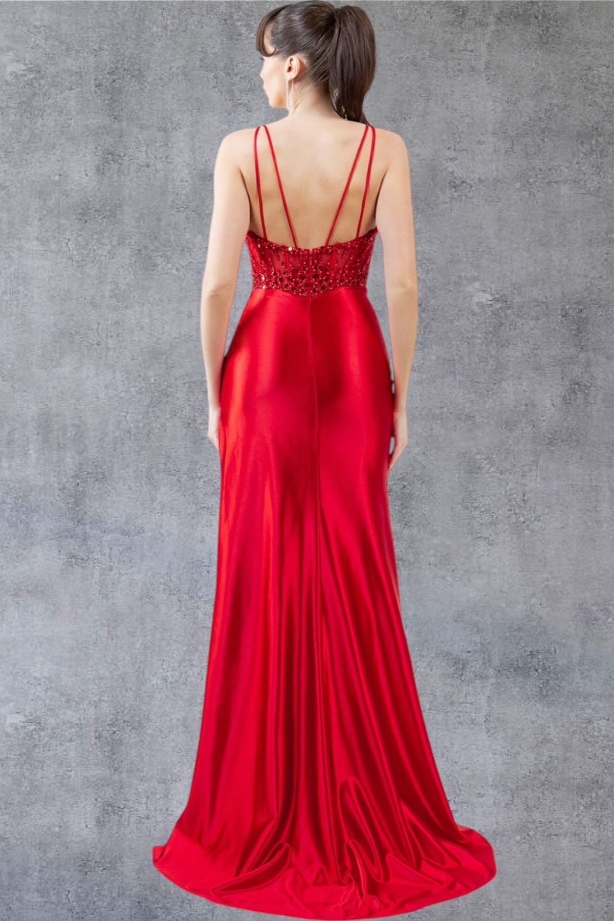 Beaded Sheer Bodice Satin Gown - 8247J