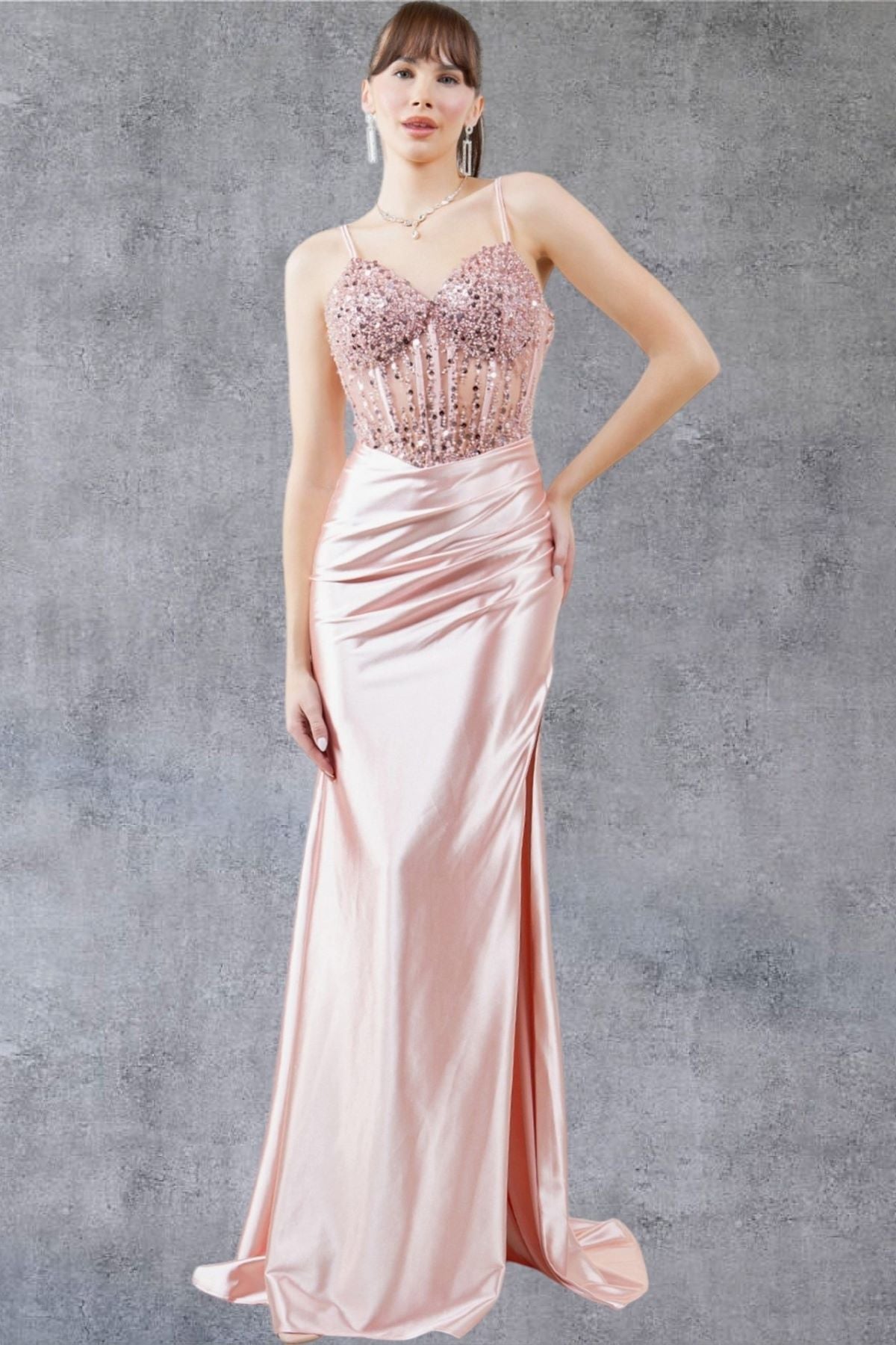 Beaded Sheer Bodice Satin Gown - 8247J