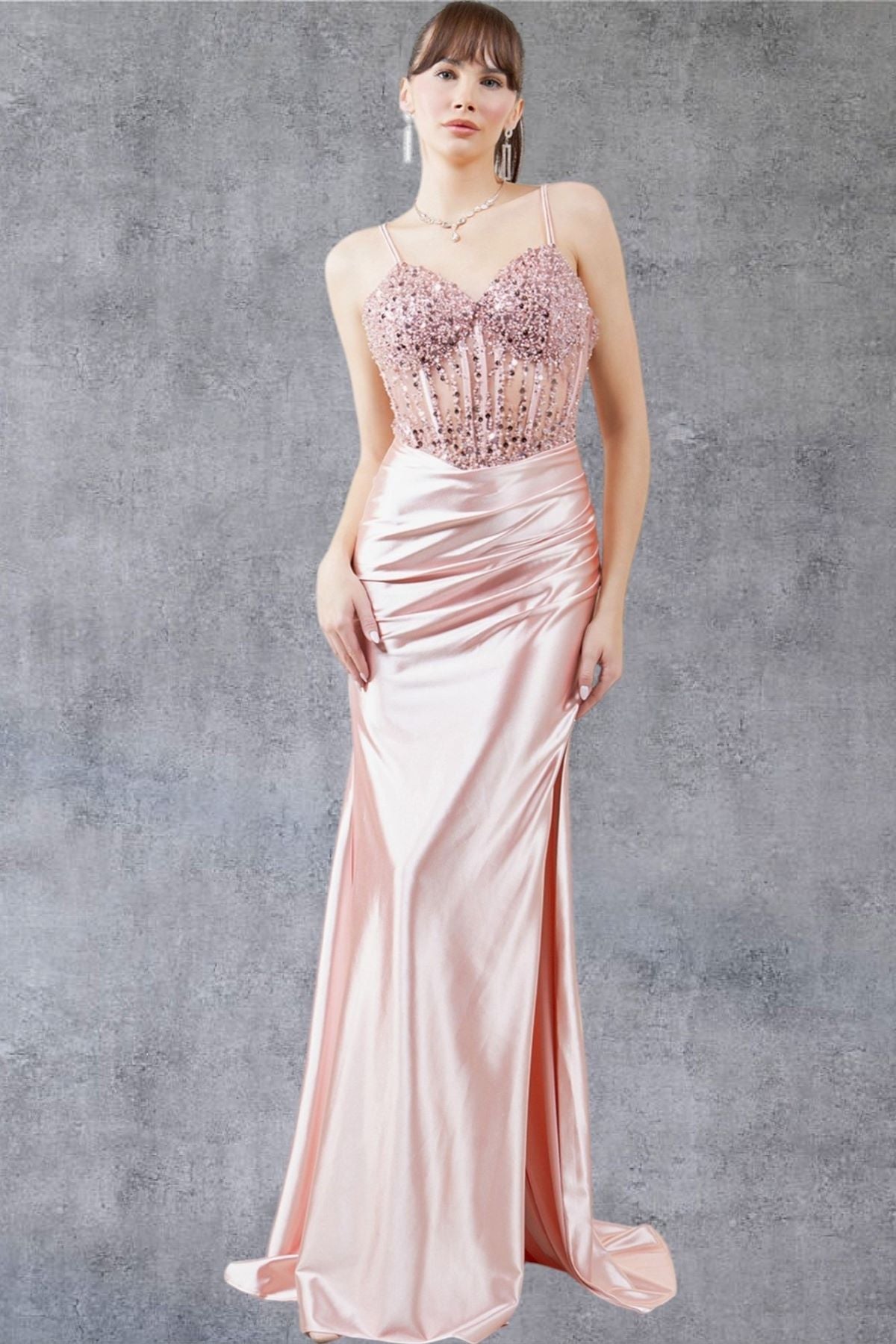 Beaded Sheer Bodice Satin Gown - 8247J