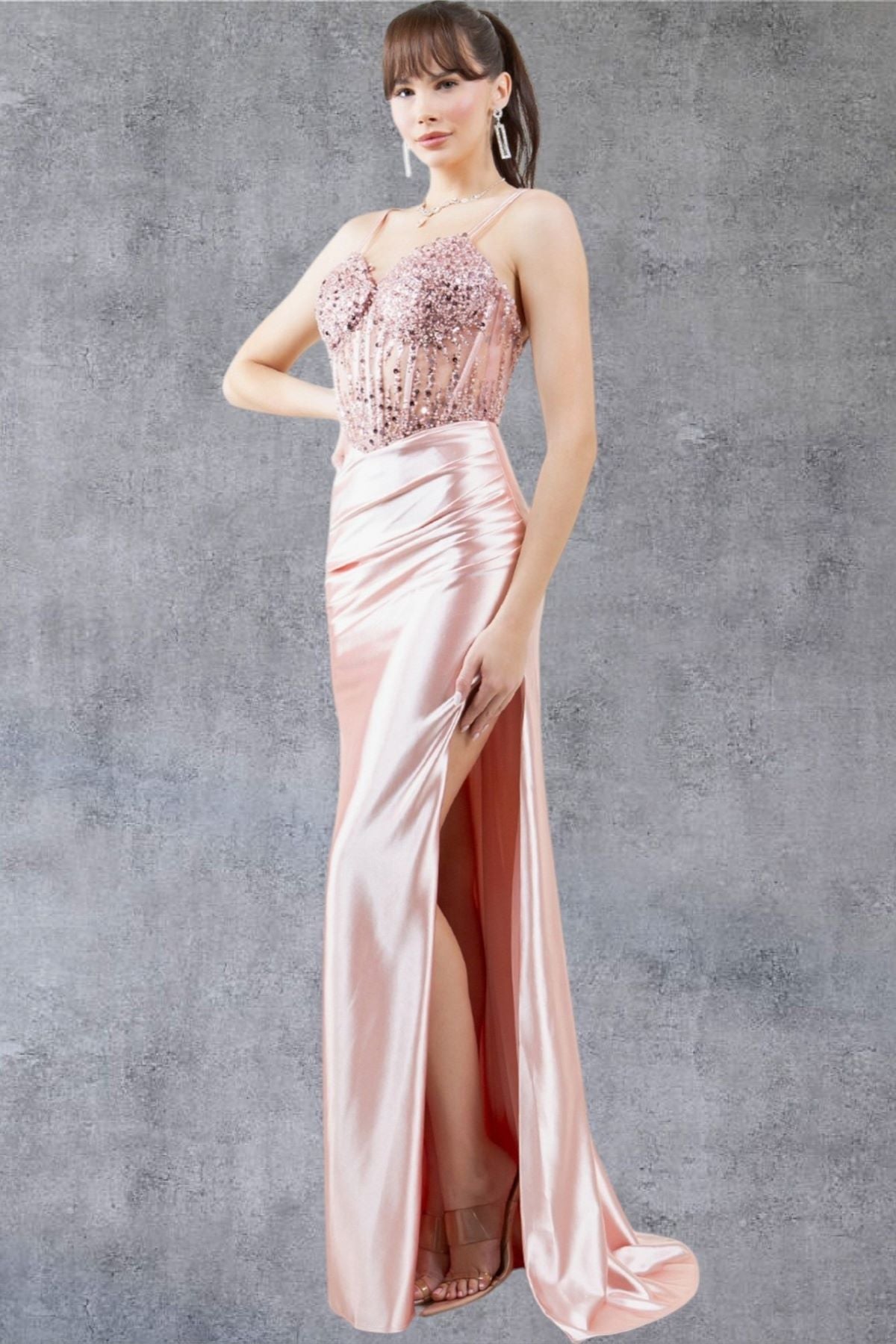 Beaded Sheer Bodice Satin Gown - 8247J