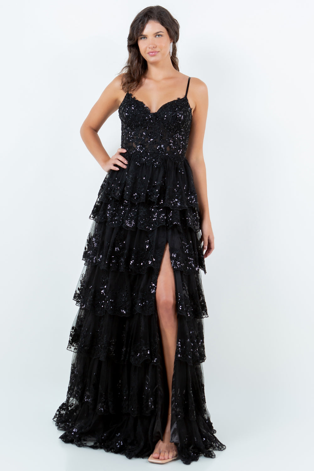 Layered Lace Sequin Tiered Gown - 8248J