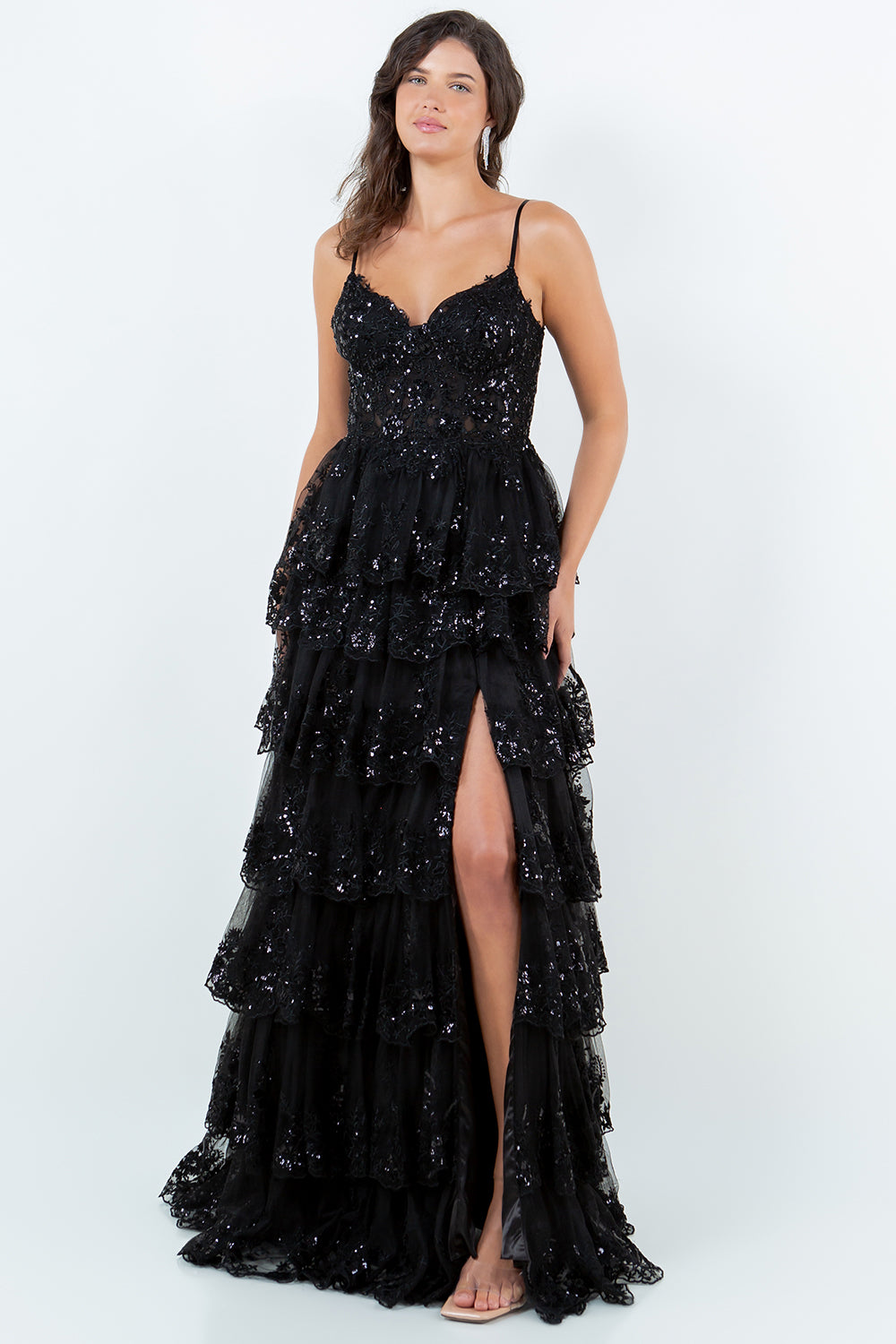 Layered Lace Sequin Tiered Gown - 8248J