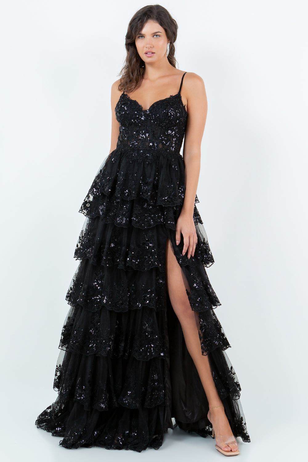 Layered Lace Sequin Tiered Gown - 8248J