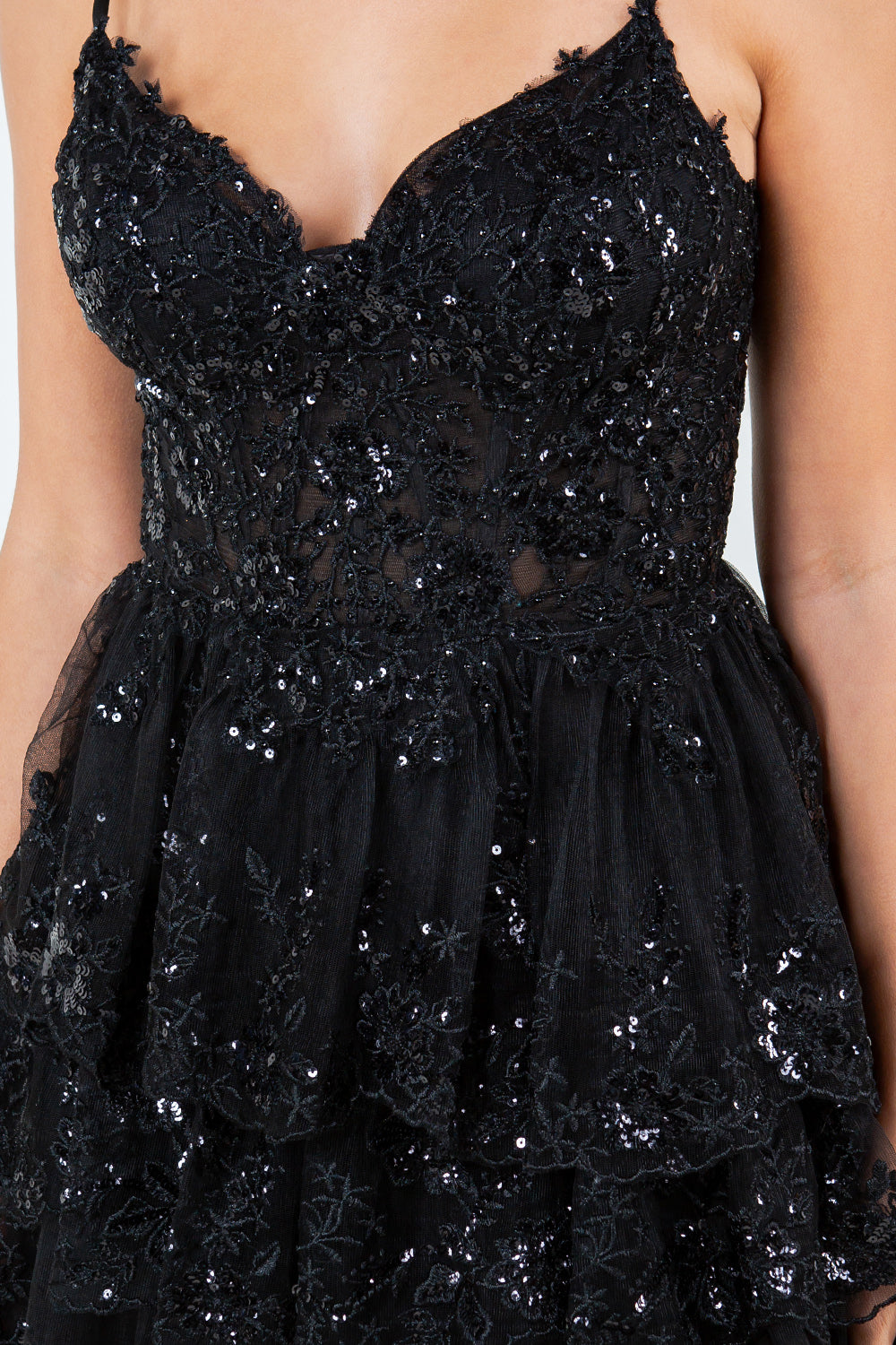 Layered Lace Sequin Tiered Gown - 8248J
