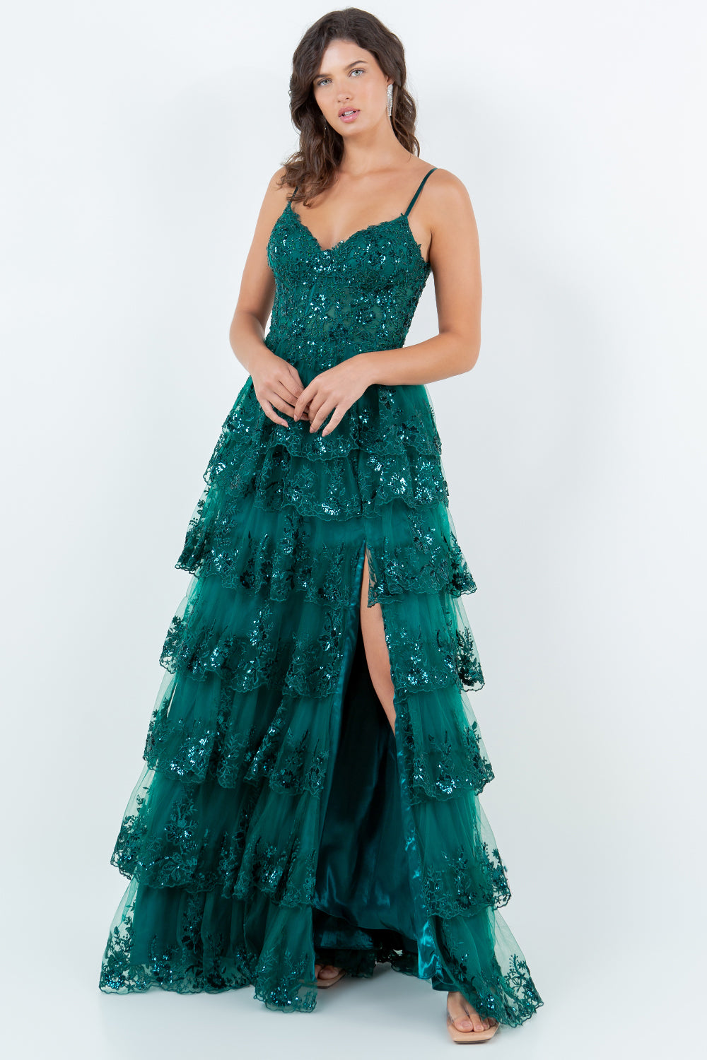 Layered Lace Sequin Tiered Gown - 8248J