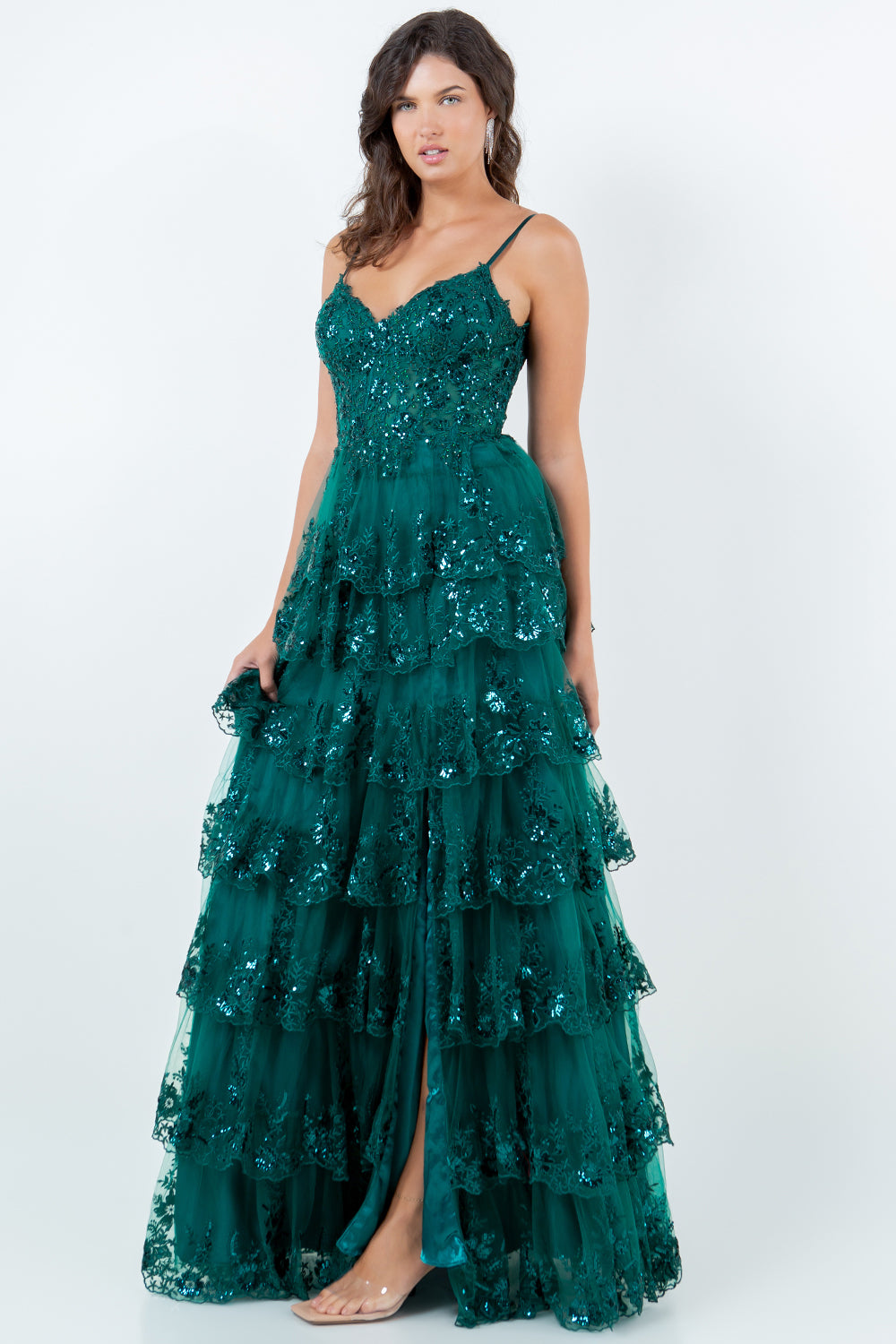Layered Lace Sequin Tiered Gown - 8248J