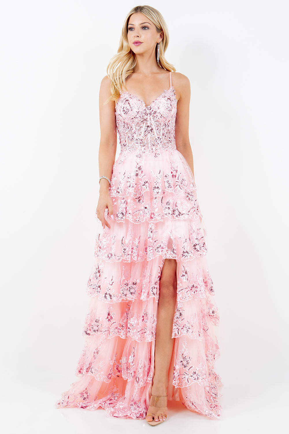 Layered Lace Sequin Tiered Gown - 8248J