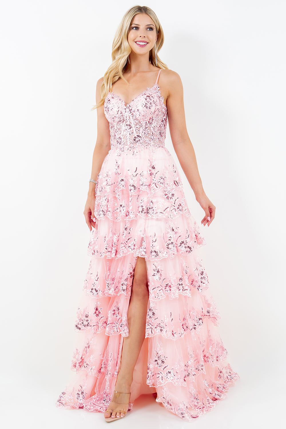 Layered Lace Sequin Tiered Gown - 8248J