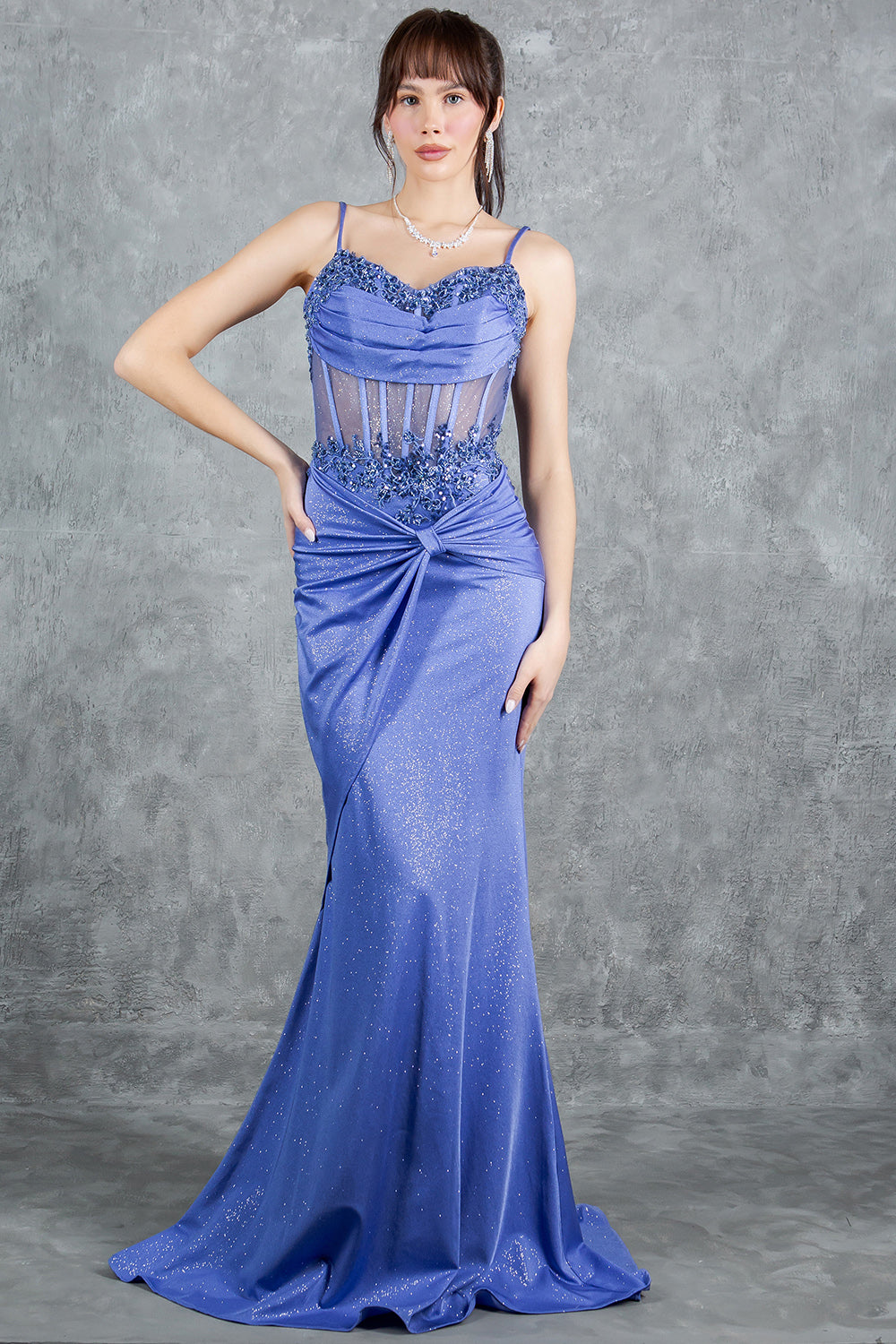 Glitter Corset Gown with Floral Appliqué - 8254J