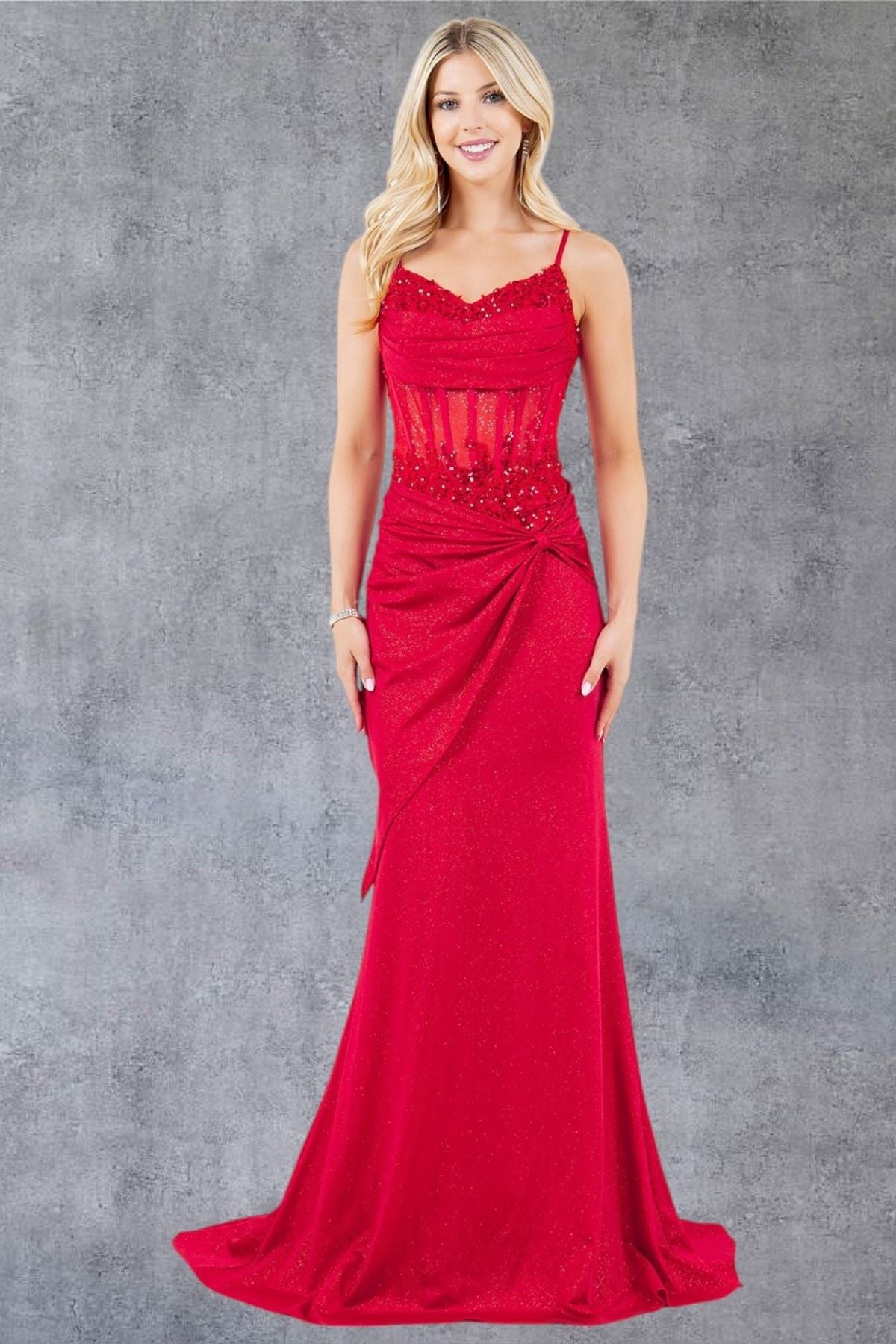 Glitter Corset Gown with Floral Appliqué - 8254J